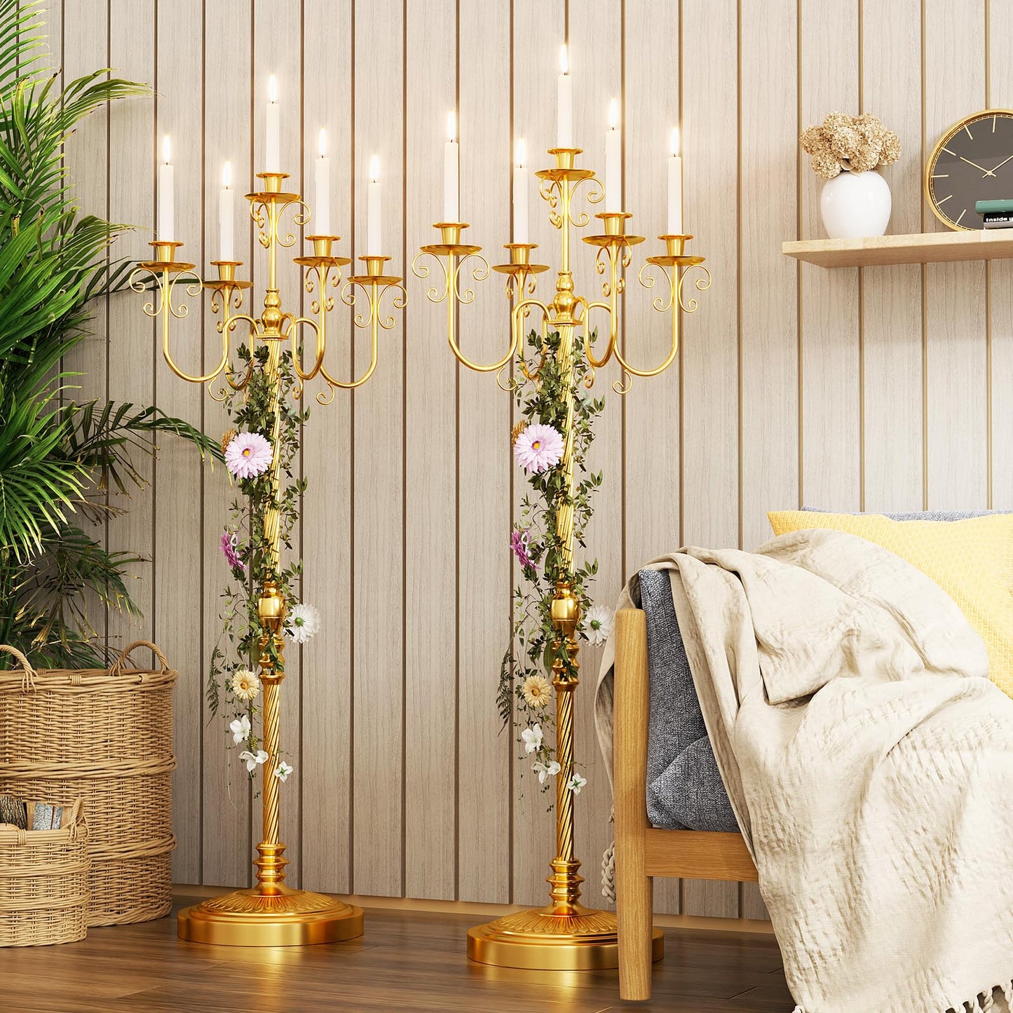 Floor Candelabra 50 Inch Gold Candlestick Holder 5 Arms Candle Holders Antique Flower Stand Centerpiece Decorative Candle Holder for Events, Party, Ceremony, Wedding Aisle, Home 2 Pcs (Beaded Styling)