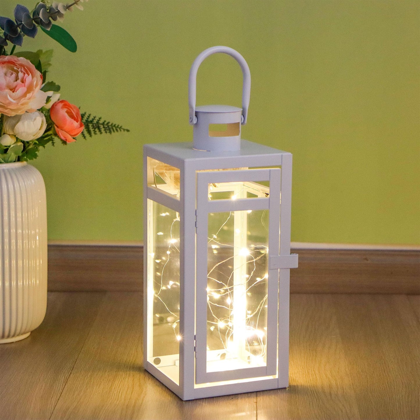 TRIROCKS Decorative Candle Lantern 12'' High Metal Candle Holder with Tempered Glass Perfect for Home Decor Living Room Parties Events Tabletop Indoor Outdoor (White)