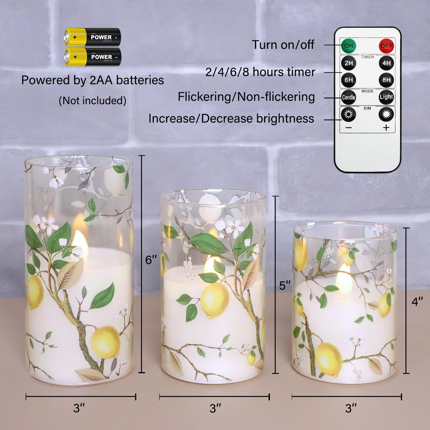 Silverstro Flameless LED Candles with Remote Lemon Decal Glass Flickering Battery Operated Candles for Home Room Party Wedding Holiday Christmas Valentine's Day Decor - Set of 3