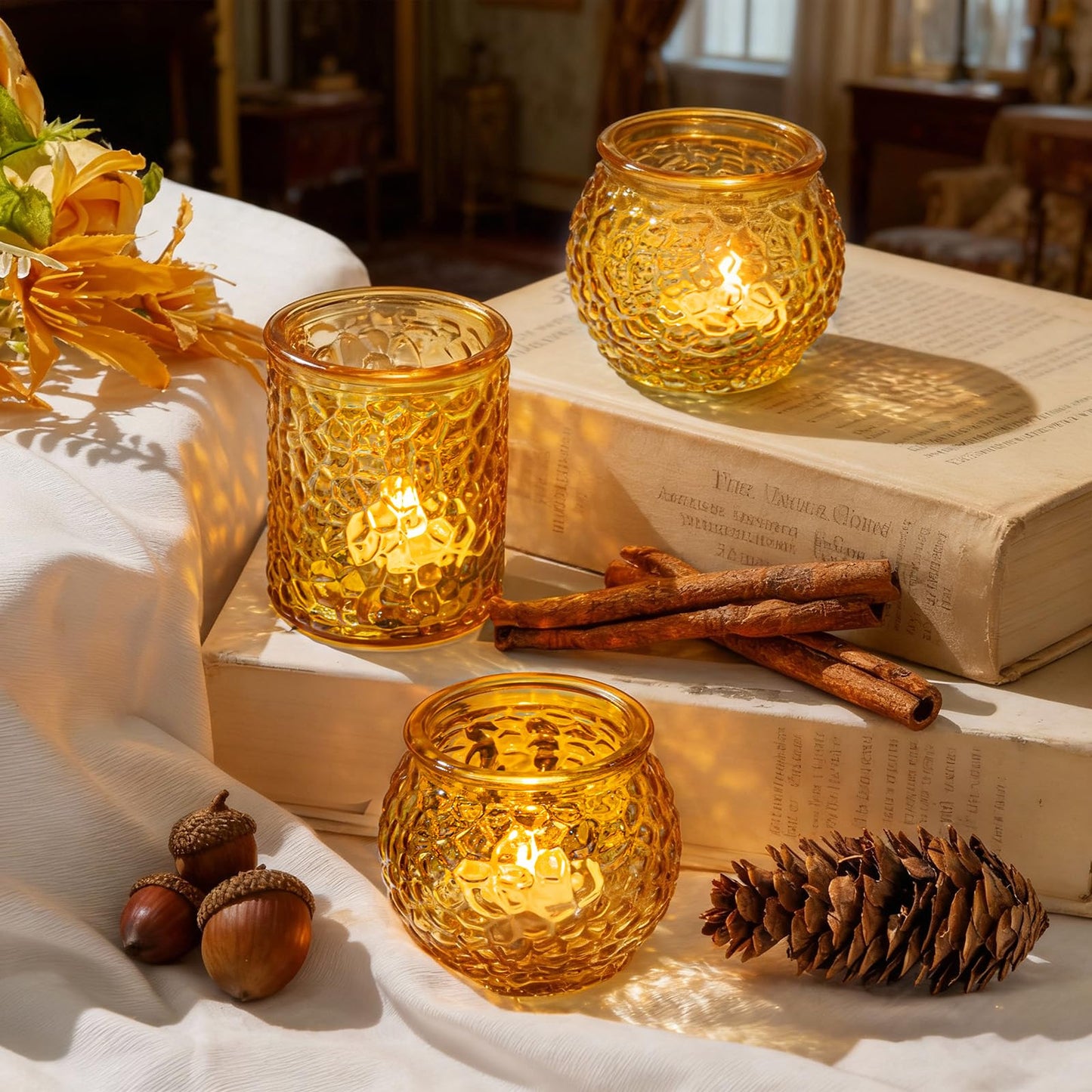 24-Piece Amber Glass Votive Candle Holders Set – Tealight Candle Holder Glass Bulk with 12 Round & 12 Hammered Textured Cups, Amber Votive Candle Holders for Weddings, Parties, Home