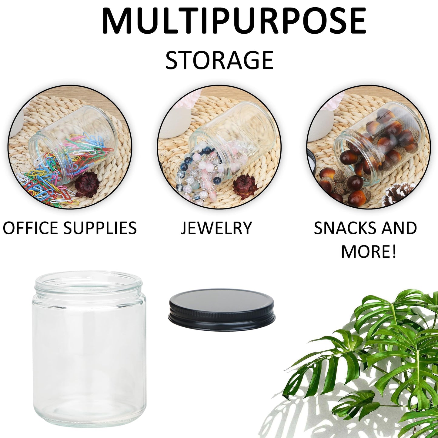MILIVIXAY 12 Pack 8 OZ Thick Glass Clear Candle Jars with All Black Metal Lids-Bulk Empty Candle Jars for Making Candles-Canning Jar for Spice, Liquid, Sample- Dishwasher Safe.