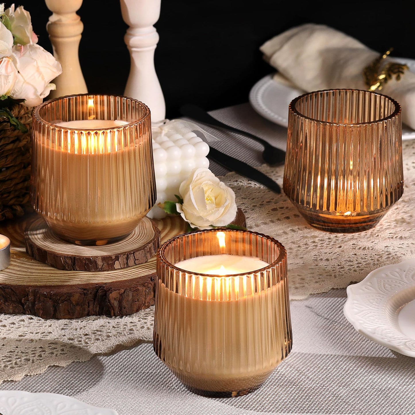 Simeitol 13 OZ Candle Making Kit - 6 Pack Amber Ribbed Glass Jars With Bamboo Lids and Wick Kit for Containers