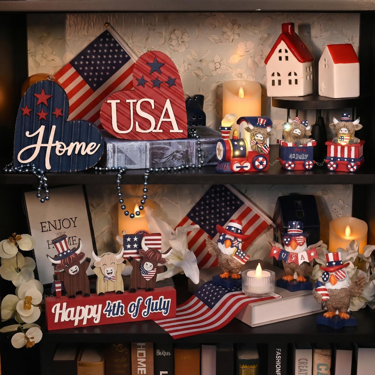 Valery Madelyn 4th of July Highland Cow Train Decorations Lighted LED Memorial Day Decor for Home, High Mountain Yak Train Figurines Red White and Blue Decorations, Patriotic USA 250th Anniversary