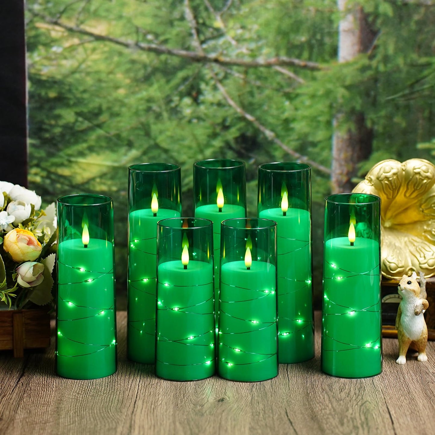 Eebuss Flameless Candles with Embedded Star String, Battery Operated LED Pillar Candles with Timer and Remote Control,Home Decorating for Ambiance, Set of 7 (Green)