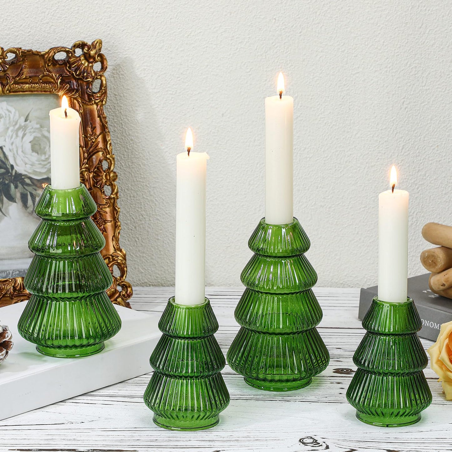 Leinuosen 4 Pcs Christmas Tree Candle Holder Green Glass Candlestick Holder for Taper Candle Stand Modern Green Candlestick for Christmas Holiday Table Centerpiece Mantel Home Room Party Decor Gift