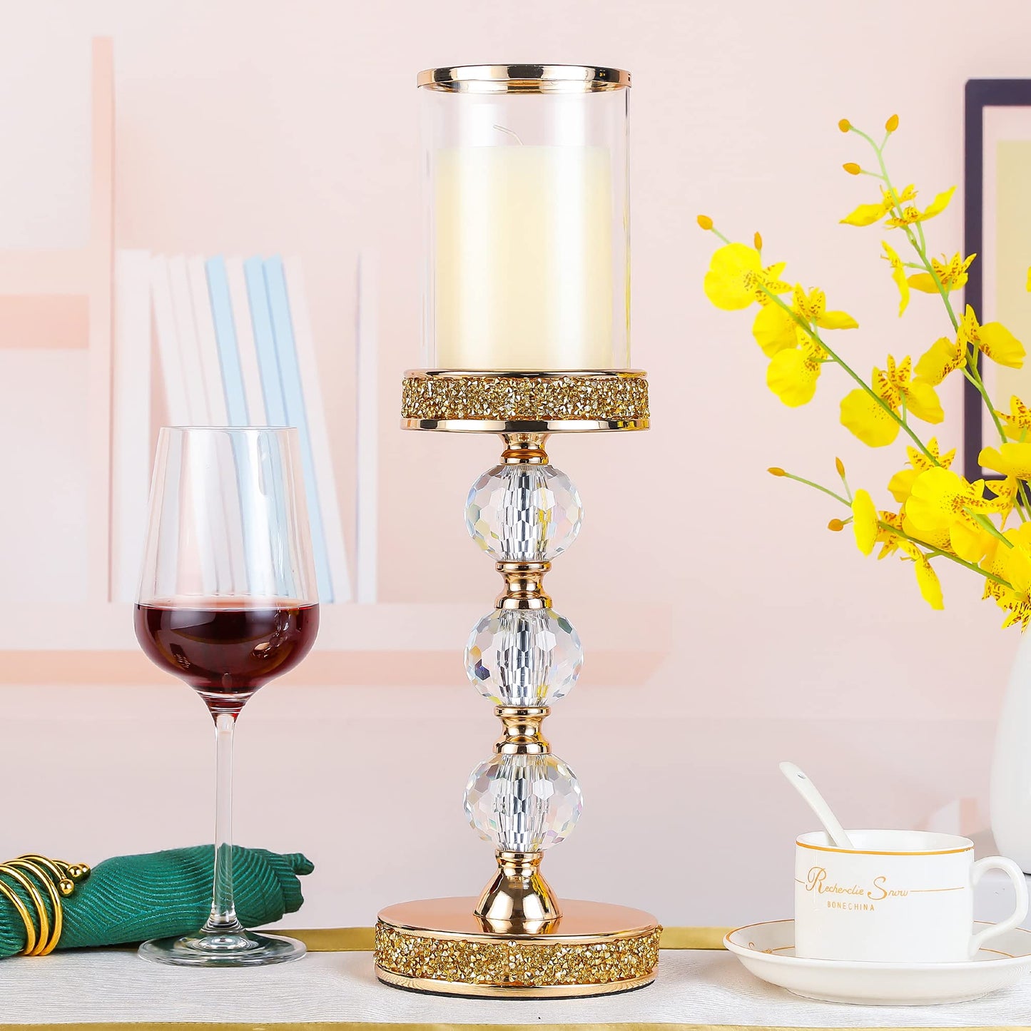 Hurricane Glass Candle Holders, Gold Pillar Candle Holders for Pillar Candle, Magnetic Glass Cover, Crystal Candlesticks Holder for Dining Coffee Table, Wedding,Events,Parties, Home Decor