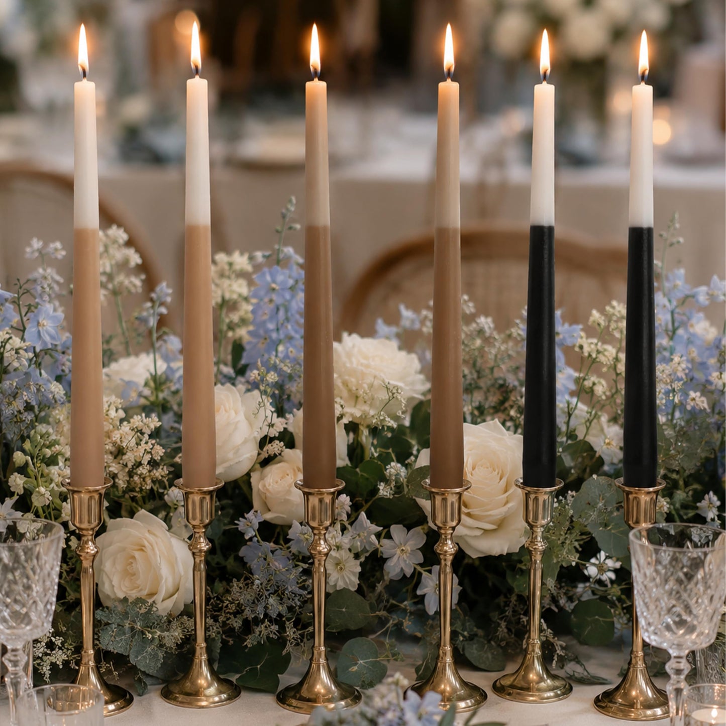 10 Inch Taper Candles Set of 6, Bluebell Scent Handmade Brown Beige Black Color Block Tapered Candles, Candle Stick Dinner Candles for Wedding Candlesticks