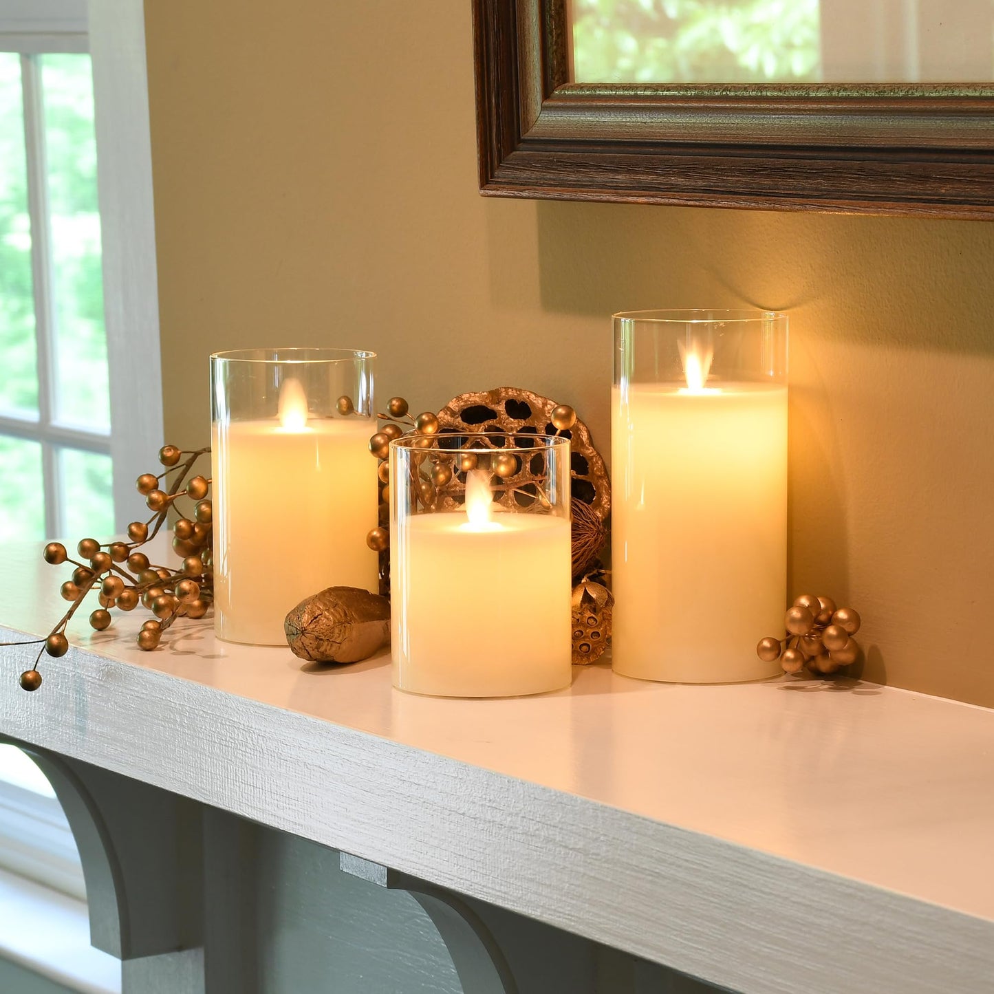 LumaBase Battery Operated Glass Hurricane LED Candles with Flickering Flame - Set of 3