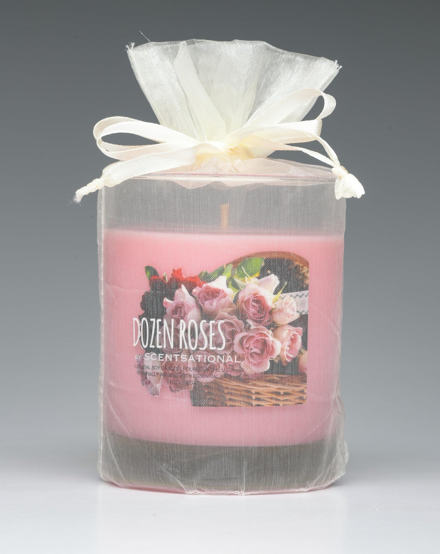 Scentsational Dozen Roses Soy Candle, 11 oz, Pink, Gift Wrapped with Organza Bow, 50-60 Hour Burn Time