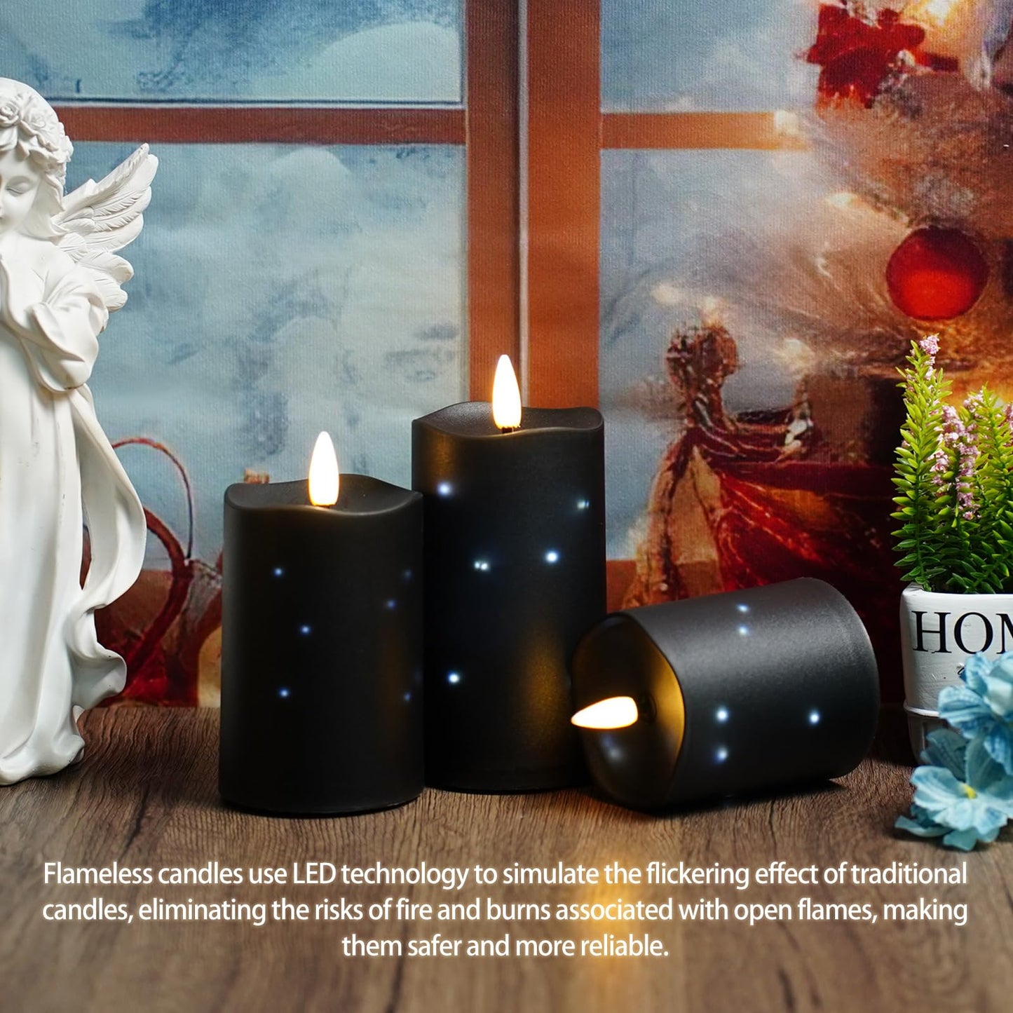 Flameless Candles Embeded Twinkle Starlight, Waterproof LED Flameless Candles with Remote, Plastics Realistic Pillar Candles for Home Decor, Outdoor Garden, Patio Decor 2pcs(Black)