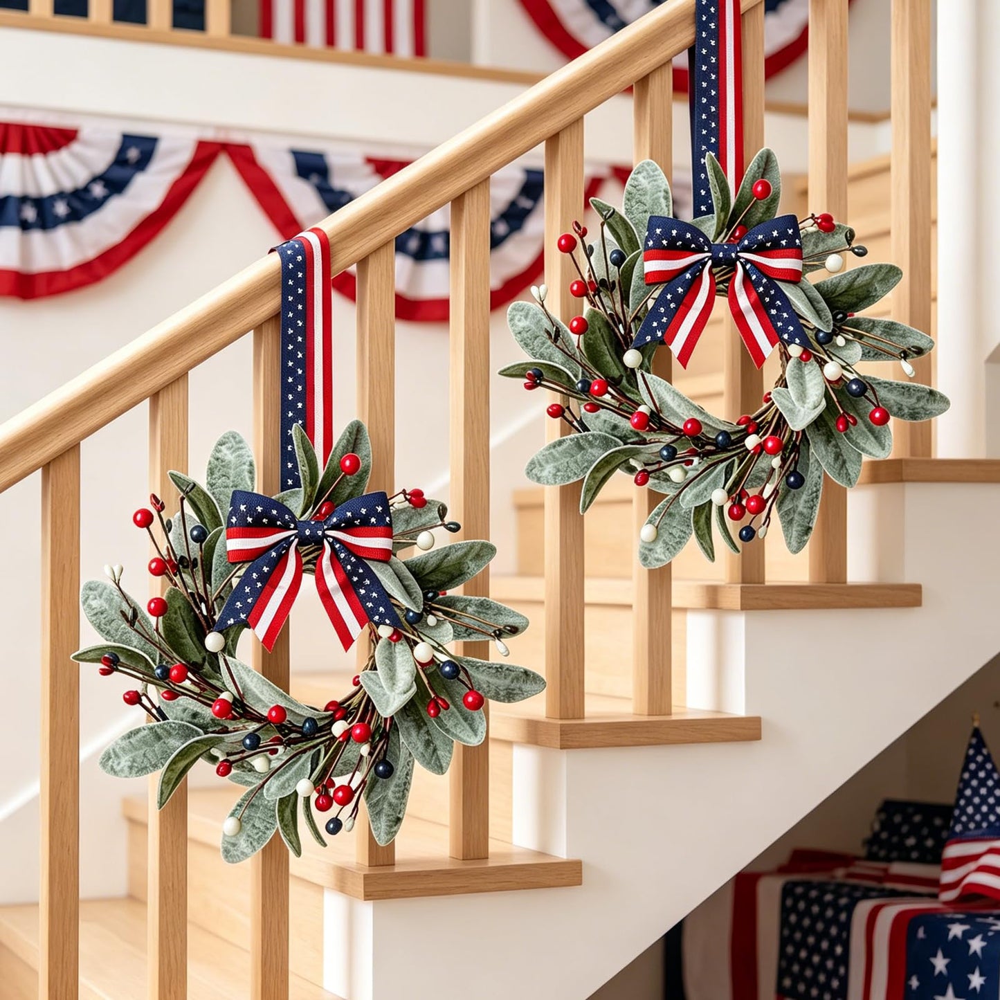 4 PCS Patriotic 4th of July Candle Rings Wreaths Independence Day Candle Rings Holder with Red White Blue Berries & Lamb's Leaves Mini Memorial Day Labor Day Wreath for Home Table Centerpiece Decor