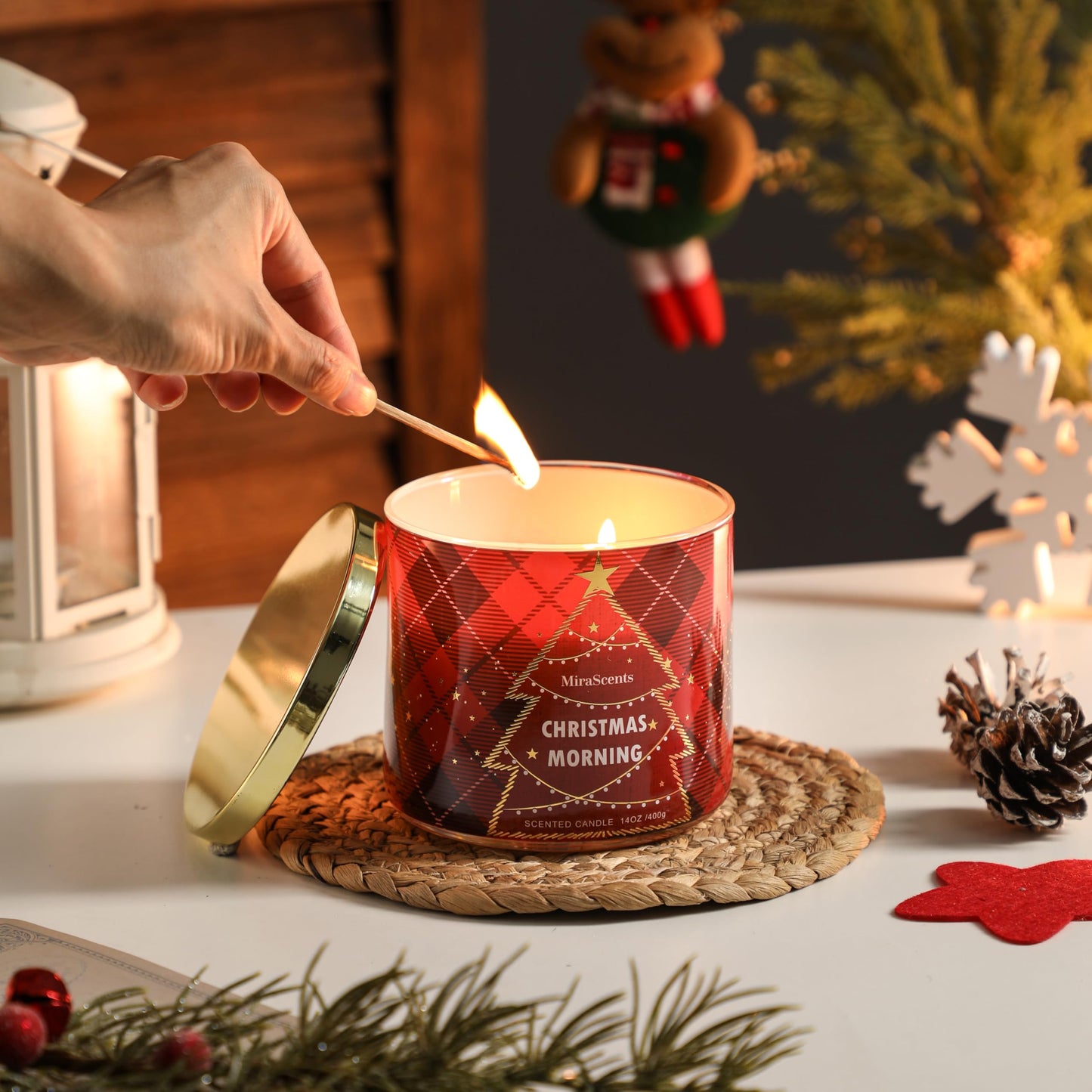 Christmas Scented Candle, MiraScents Christmas Morning Scented Candle, 3 Wicks Large Candle Natural Soy Wax Candles, Red Xmas Tree Candles Gifts, 14oz