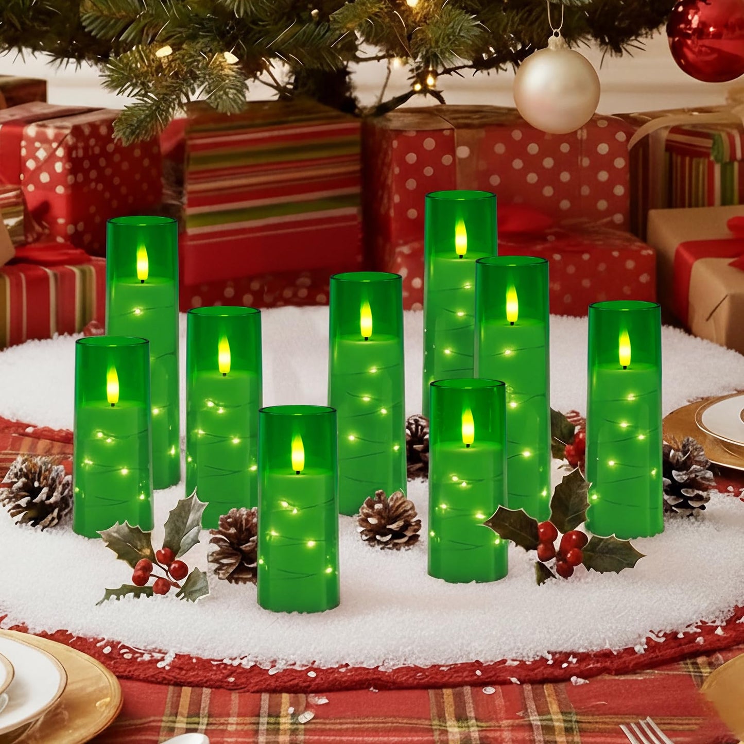 Raycare St. Patrick's Day Flameless Candle with Remote Timer – 9 Flickering Acrylic Battery Operated LED Pillar Candles with Embedded Star String for Home Decor, and as a Gift(Green)