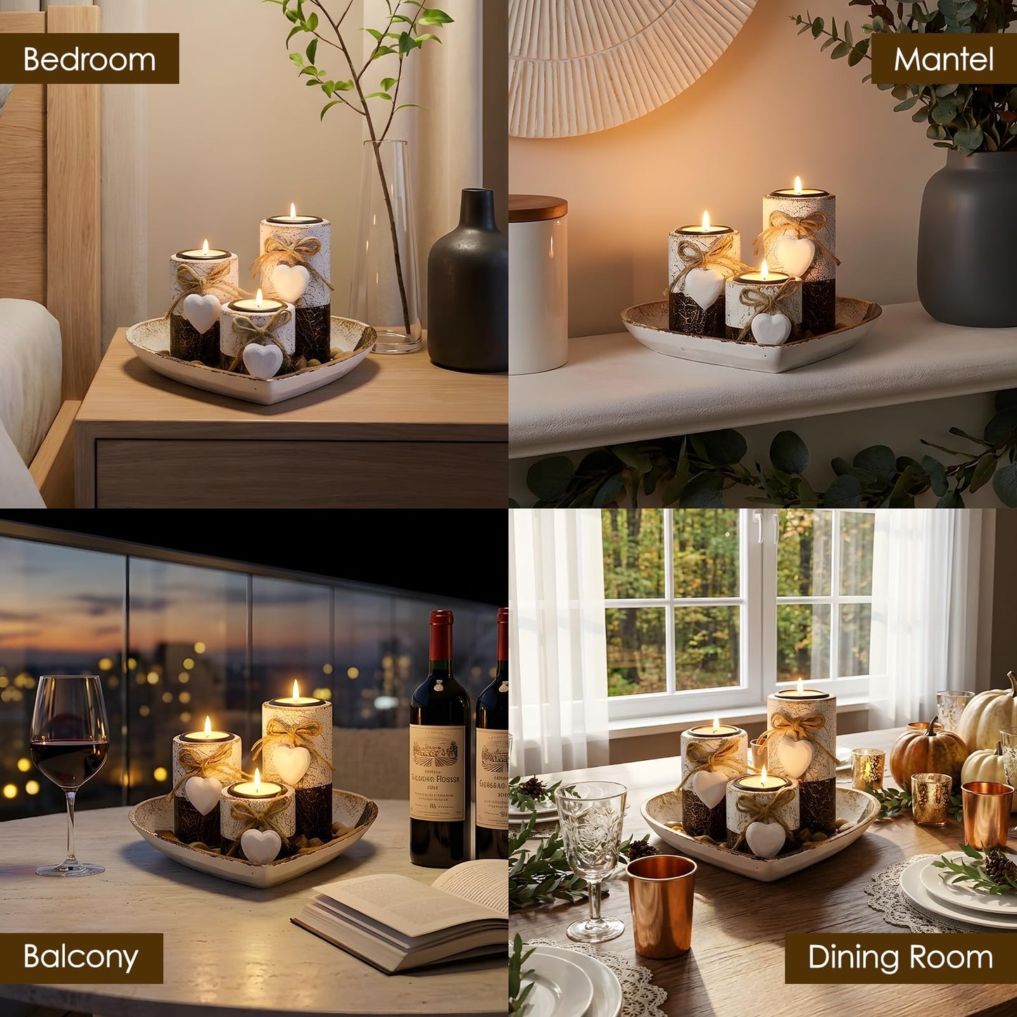 Teeloray Farmhouse Candle Holders 3 Pack Rustic Wooden Pillar Candle Holder with Heart Tray and Stones Tealight Candles Holders Farmhouse Centerpiece for Coffee Table Mothers Day Valentines Home Decor
