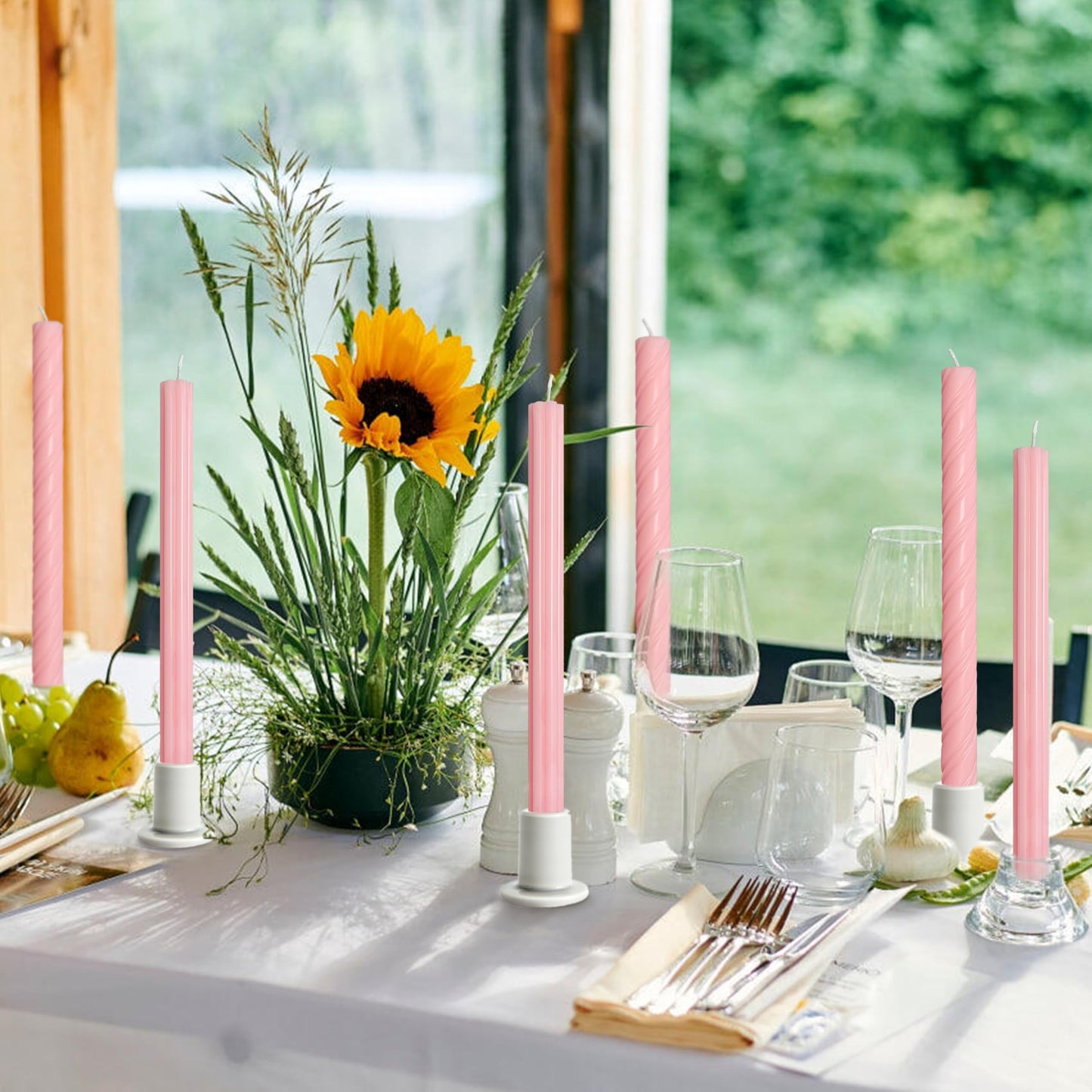 Dripless Unscented Pink Spiral Taper Candles Smokeless Long Lasting Burn 10 Inch Elegant Roman Column Candlesticks for Home Wedding Decorations