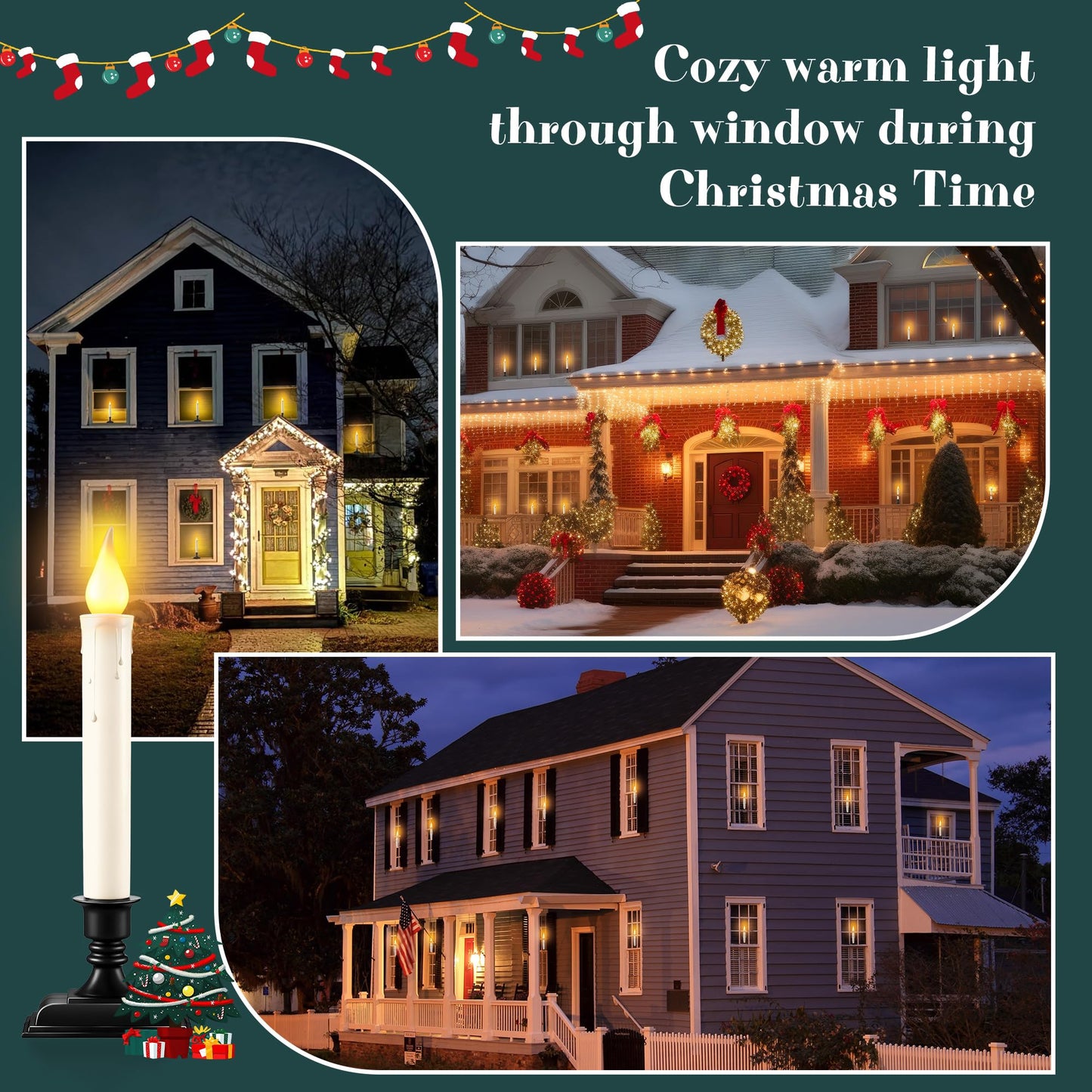 Enhon 6 Pack Battery Operated LED Window Candles, Dusk to Dawn Light Sensor, with Black Holders and Suction Cups, Ivory Christmas Window Candles, Amber Flicker Flame (Batteries AA Included)