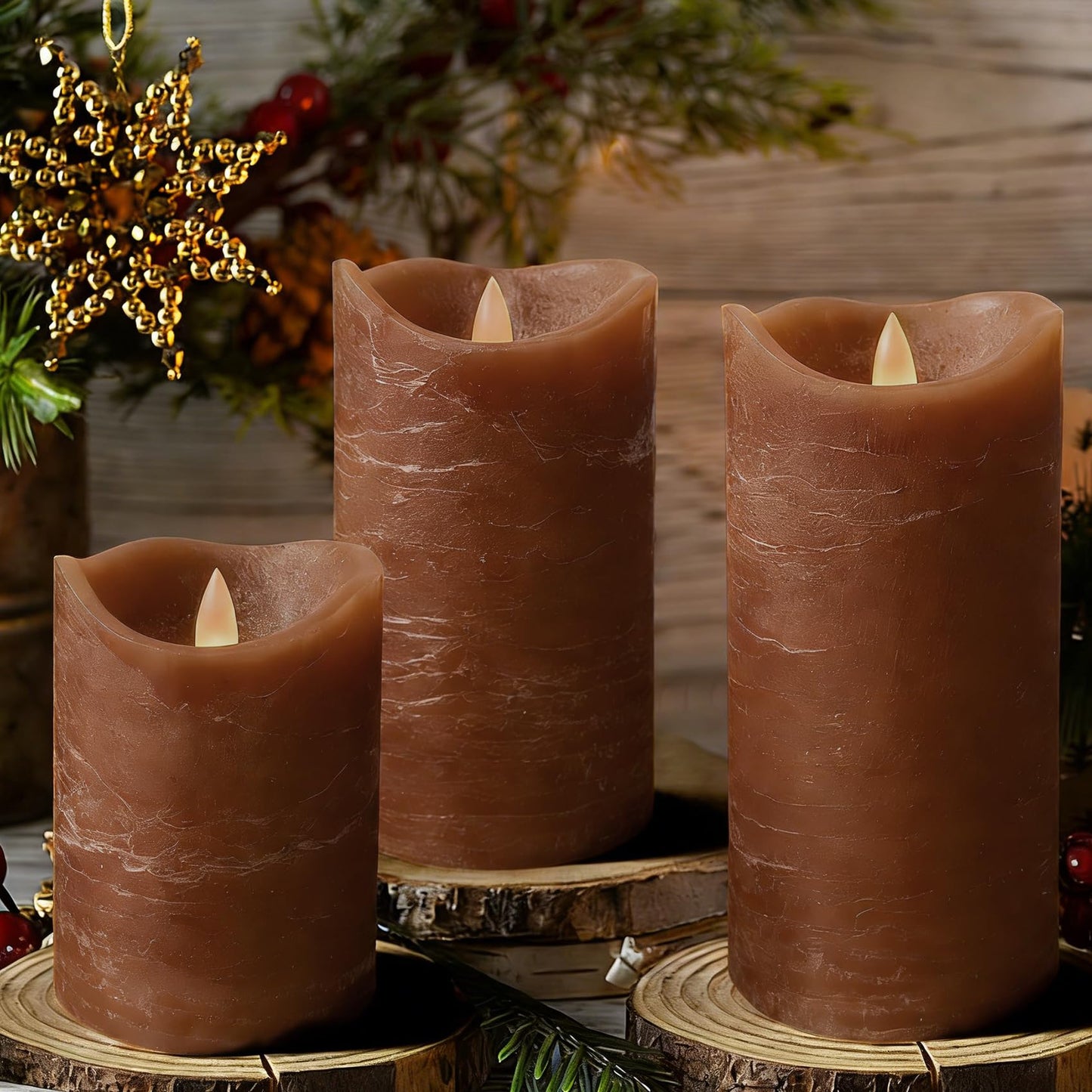 EZiKitchen Real Wax Flameless Candles Set of 3 (D 3" x H 4" 5" 6") Battery Operated LED Candle with Timer Home Decorative Pillar Flickering Lights,Wedding Party Events Decor,Brown