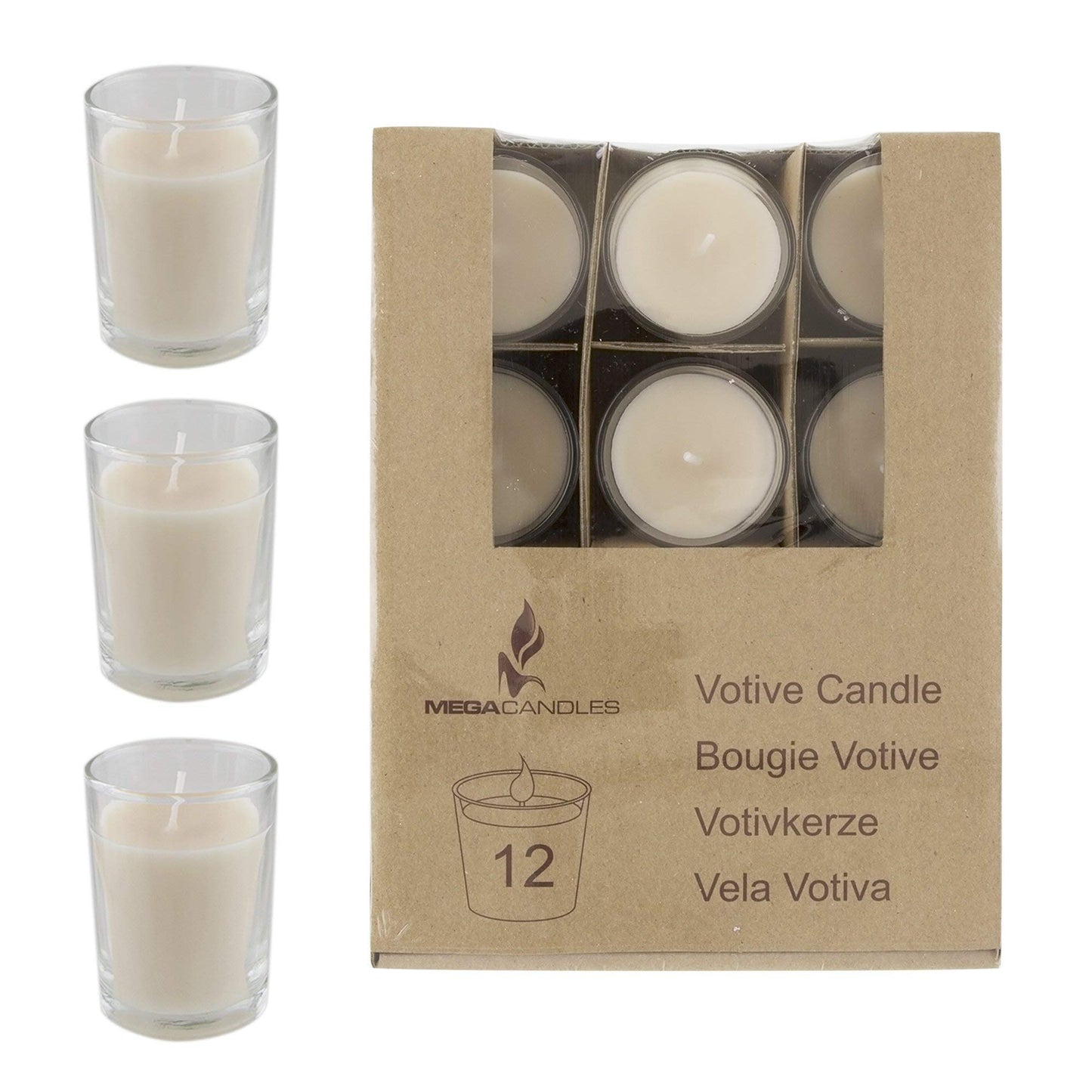 Mega Candles 12 pcs Unscented Glass Ivory Container Candle, Votive Candles 12 Hour Burn Time 2 Inch x 2.5 Inch, Home Décor, Wedding Receptions, Occasions, Events, Festivities, Meditations, Prayers