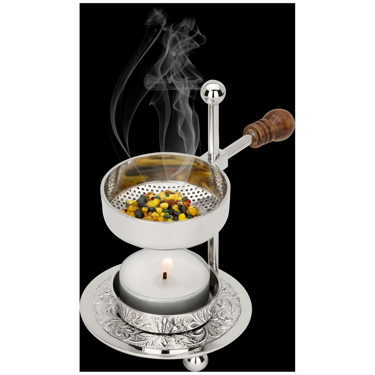 Adjustable Resin Incense Burner/Incense Censer with Tealight and Wooden Handle – HANDCRAFTET Nickel-Plated Brass, Height 4.33 inch, Durable Aromatherapy Holder for Safe Burning