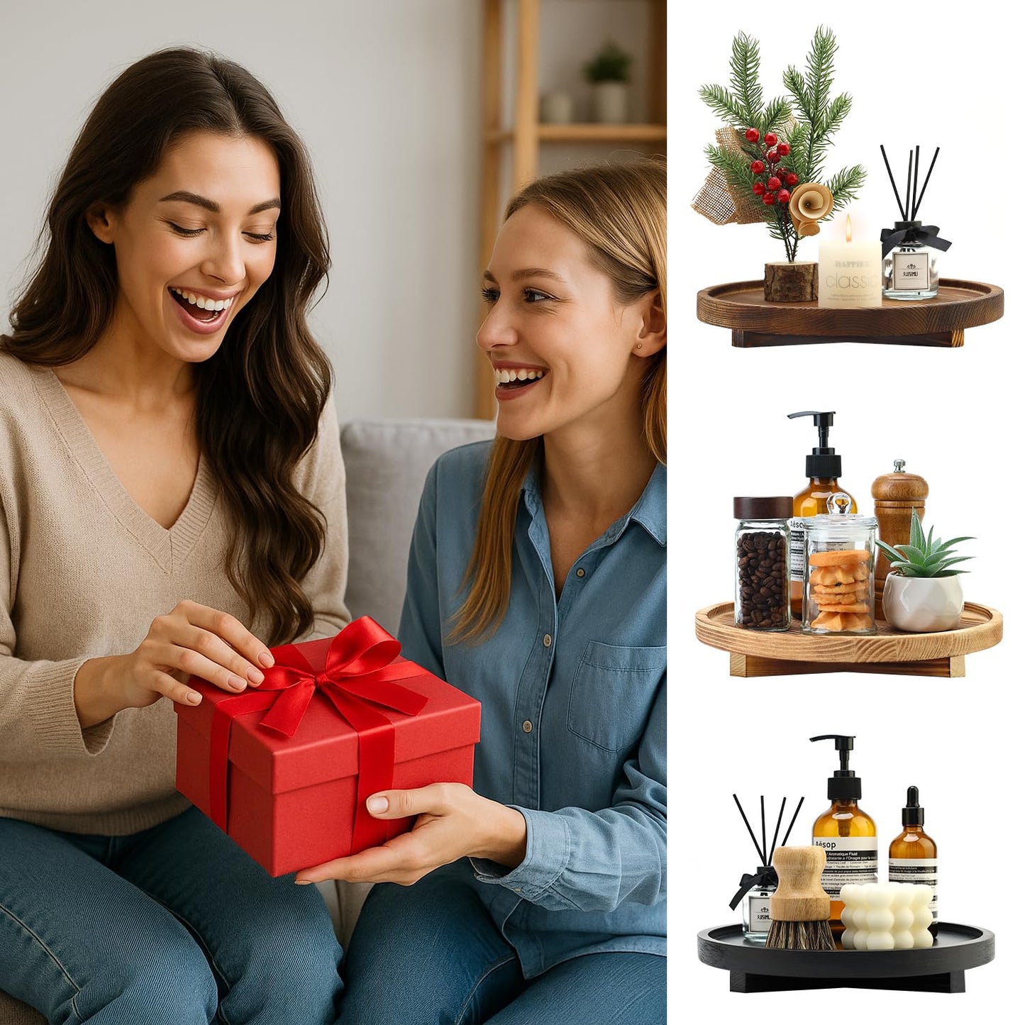 Large Decorative Wooden Tray for Kitchen Counter Bathroom Sink Vanity Trays Round Wood Riser Candle Pedestal Stand for Perfume Soap Tray Round Dining Coffee Table Modern Farmhouse Decor Tray