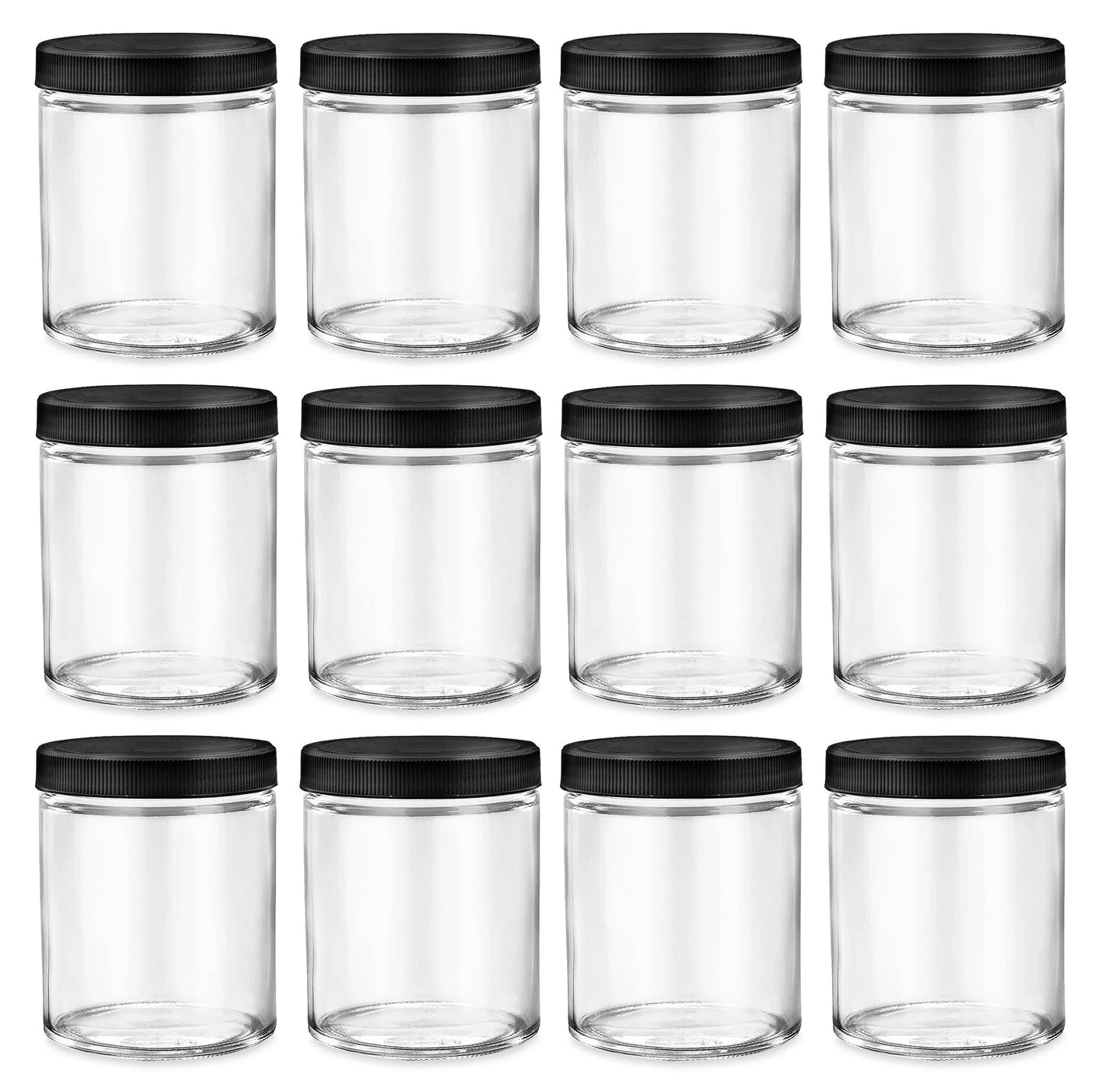 North Mountain Supply 6 Ounce Clear Glass Straight Sided Mason Canning Jars - with 63mm Black Plastic Lids - Case of 12