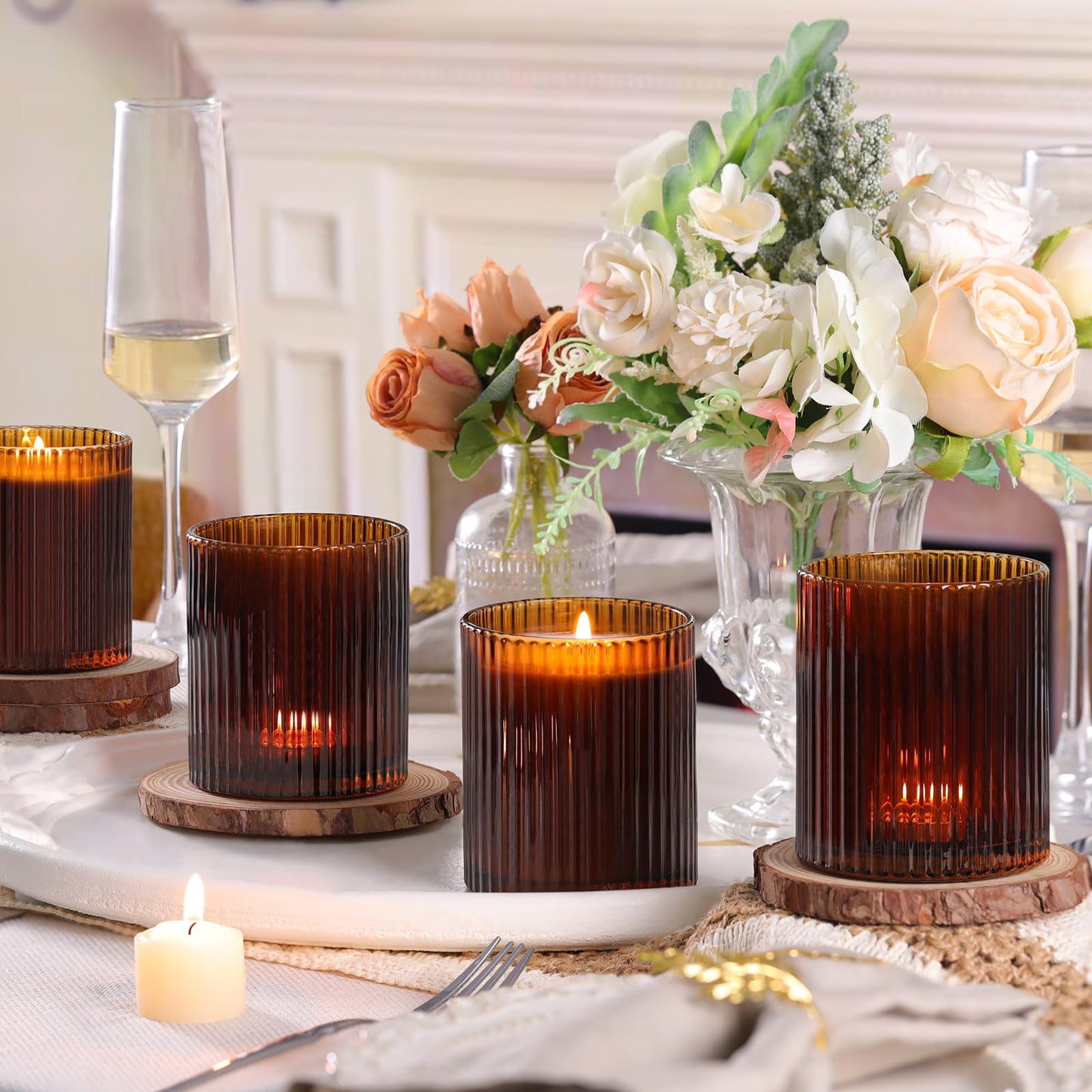 sunnyfuture 10 OZ Amber Candle Jars for Making Candles Set of 8, Ribbed Glass Candle Jars with Wood Lids and Labels, Candle Containers for DIY, Gifts, Home Decoration