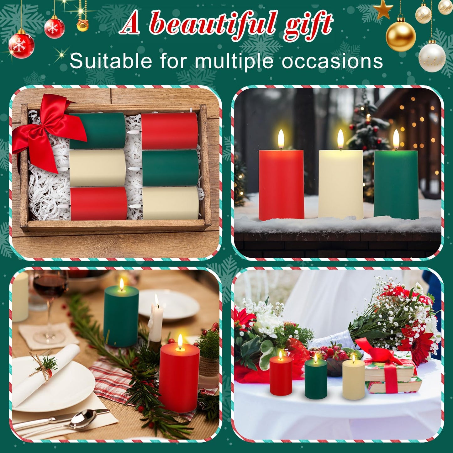 Tuanse 6 Pcs LED Flameless Candles 4.3" Battery Operated LED Lights Electric Decorative Pillar Candle for Wedding Party Decorations Room Dinner Decor Gifts(Green, Red, Ivory)