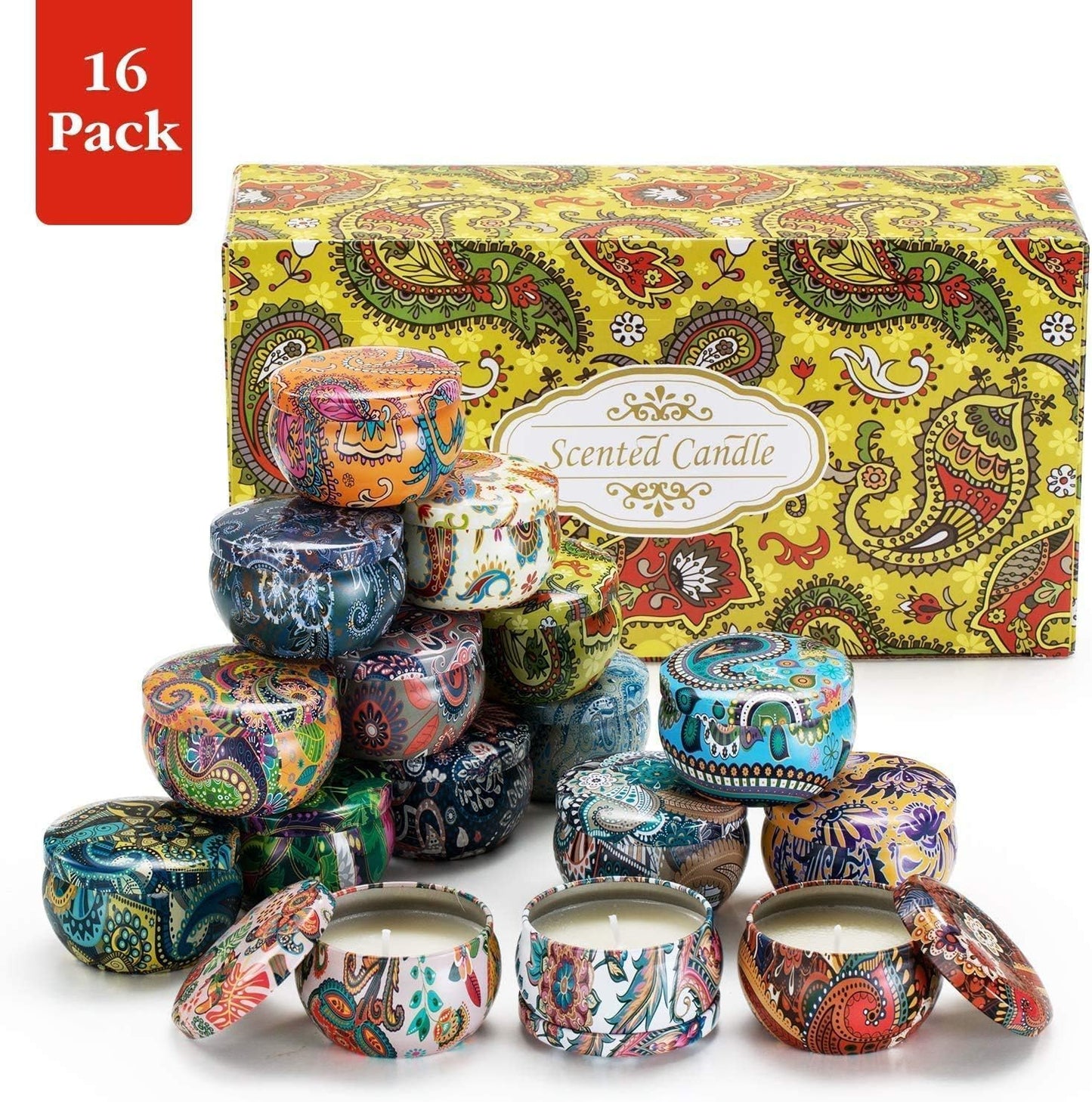 Howemon Scented Candles Gift Set, Natural Soy Wax Portable Travel Tin with Strongly Fragrance Essential Oils for Stress Relief and Aromatherapy - 16 Pack