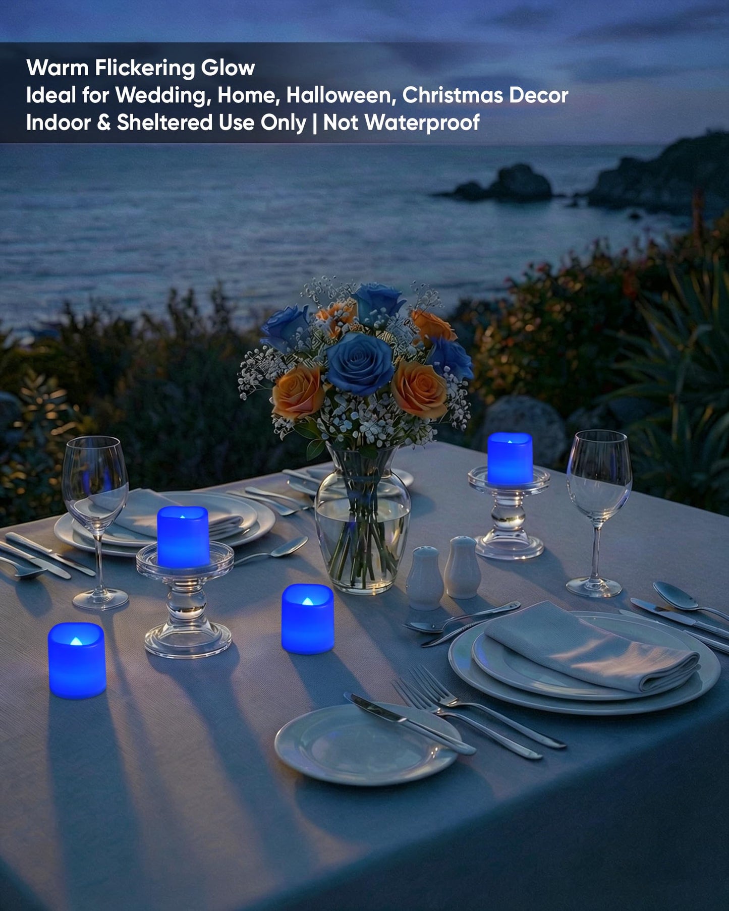 Homemory 24Pack Blue Flickering Flameless Votive Candles, 200+Hour Electric Fake Candles, Battery Operated LED Tealight for Wedding, Outdoor, Table, Festival (Warm White,Battery Included)