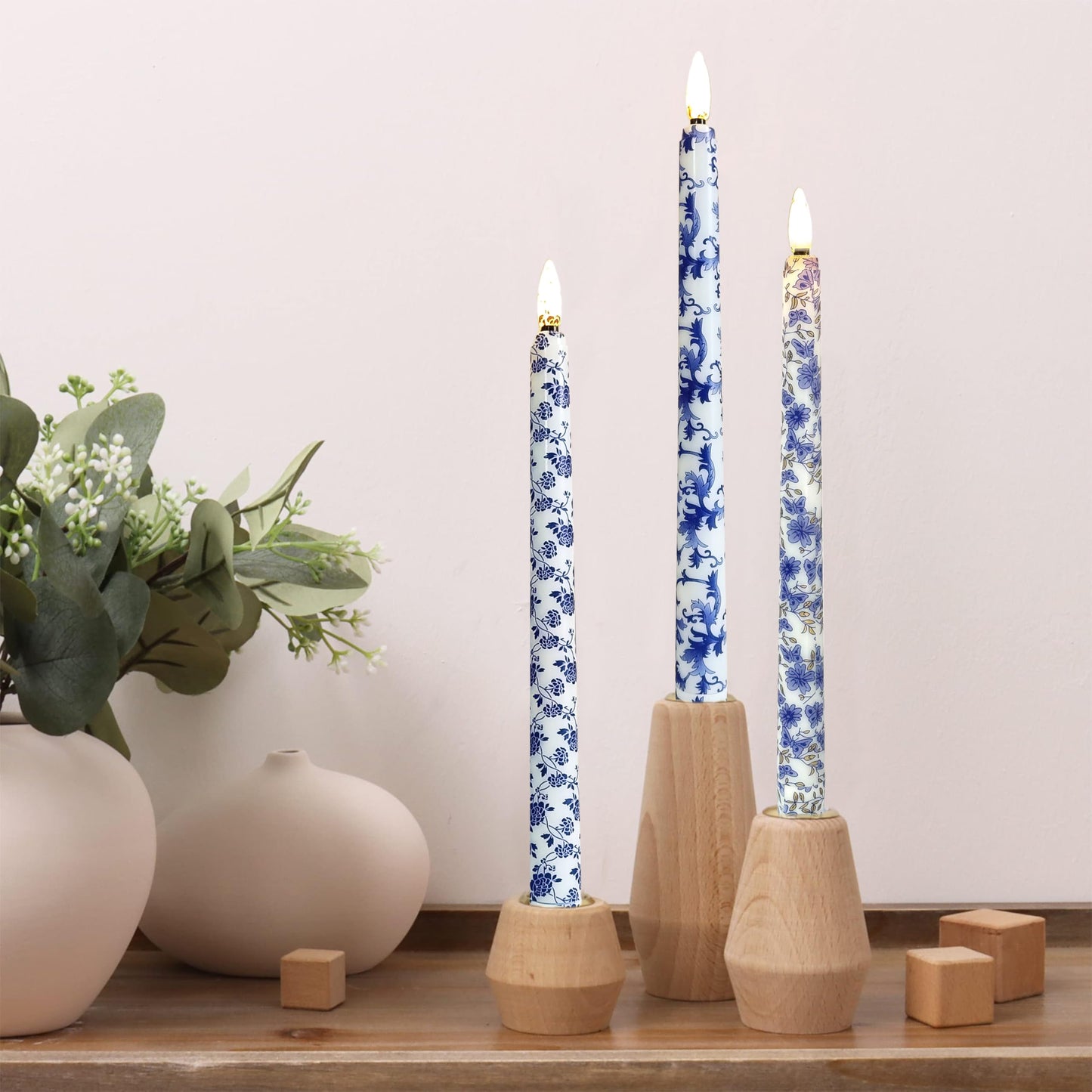 FCMSHAMD 6PCS Blue and White Porcelain Flameless Taper Candles, 11 Inch LED Candlesticks Battery Operated with 11-Key Remote and Timer, 3D Flickering Flame Lights for Wedding Party Home Decor Gifts