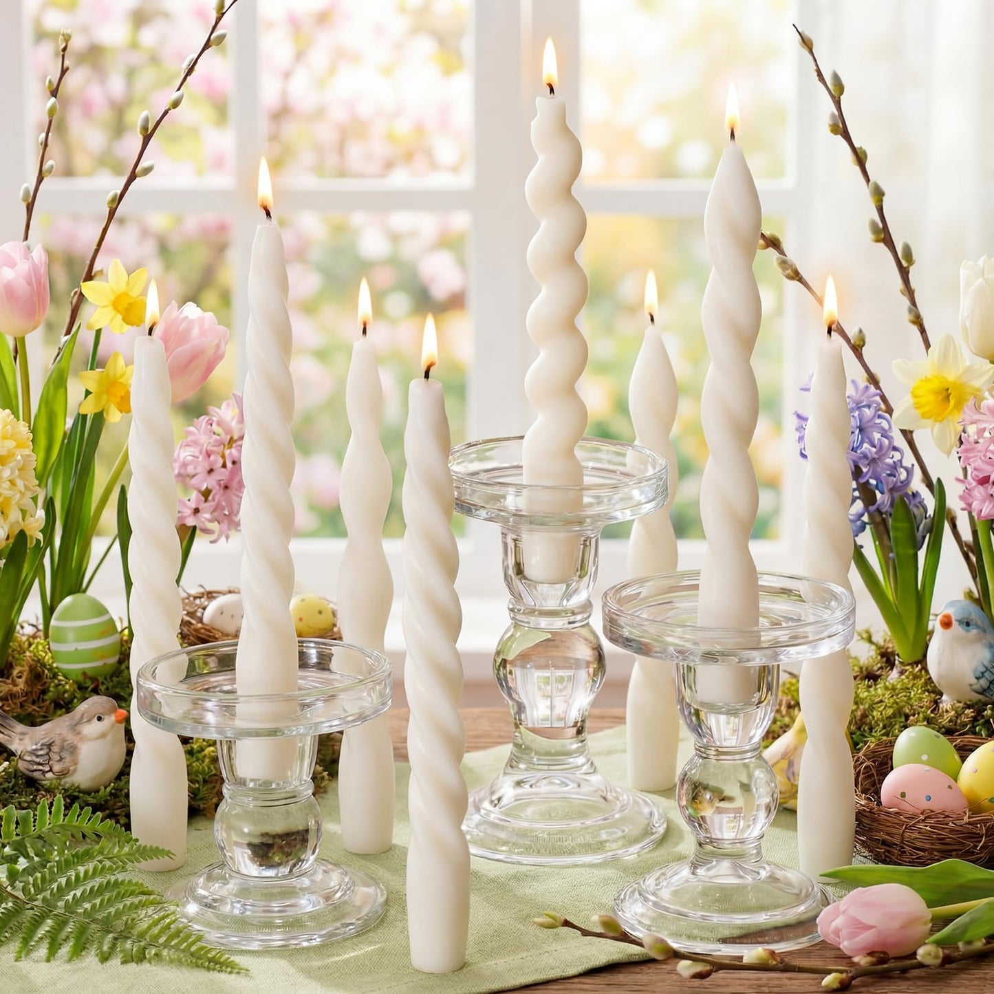 Nuanchu 12 Pcs 7.5 Inch Elegant White Spiral Taper Candles Twisted Pure Wax Candlesticks Short Ivory Spiral Wax Scented Taper Candles for Wedding Bridal Shower Birthday Summer Dinner Table Centerpiece