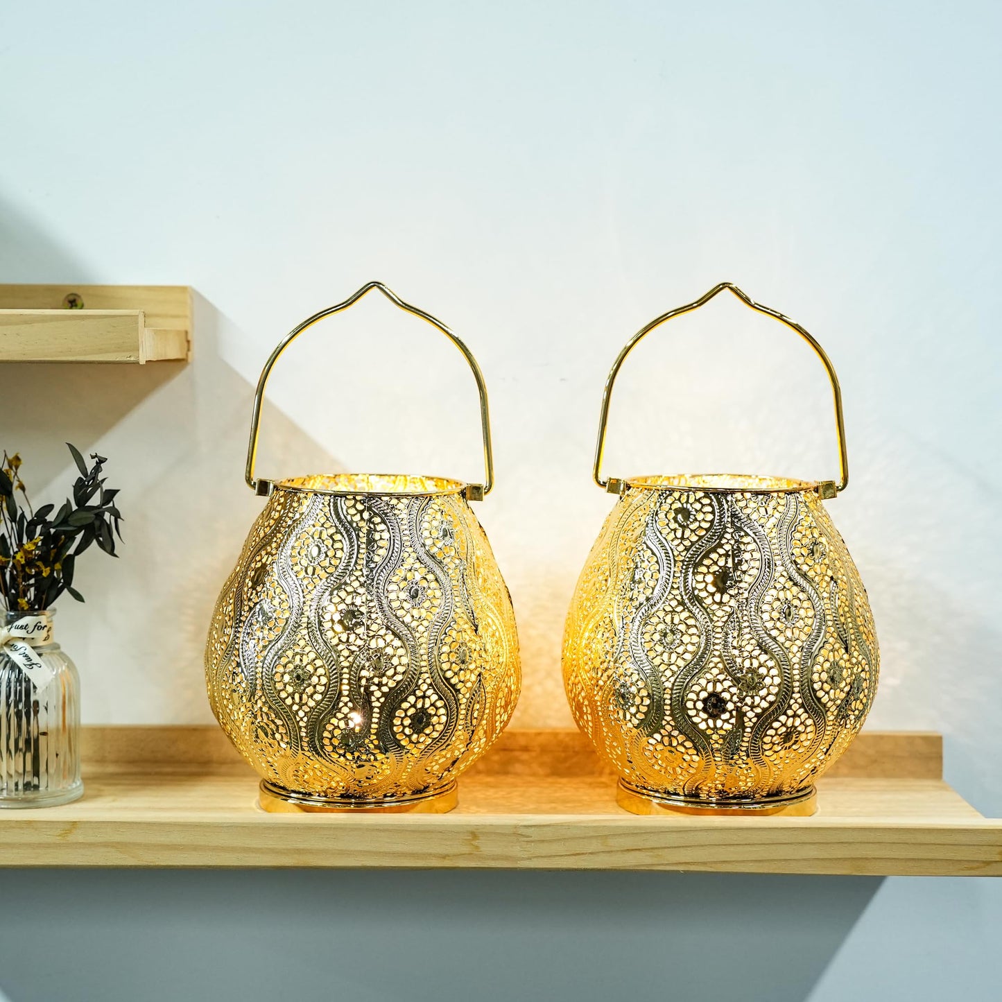 TRIROCKS Set of 2 Moroccan Decorative Lamps 8'' High Cordless Lamp Metal Table Lamps with Fairy Lights Bulb for Home Living Room Garden Yard Party Events Tabletop Indoor Outdoor(Gold)