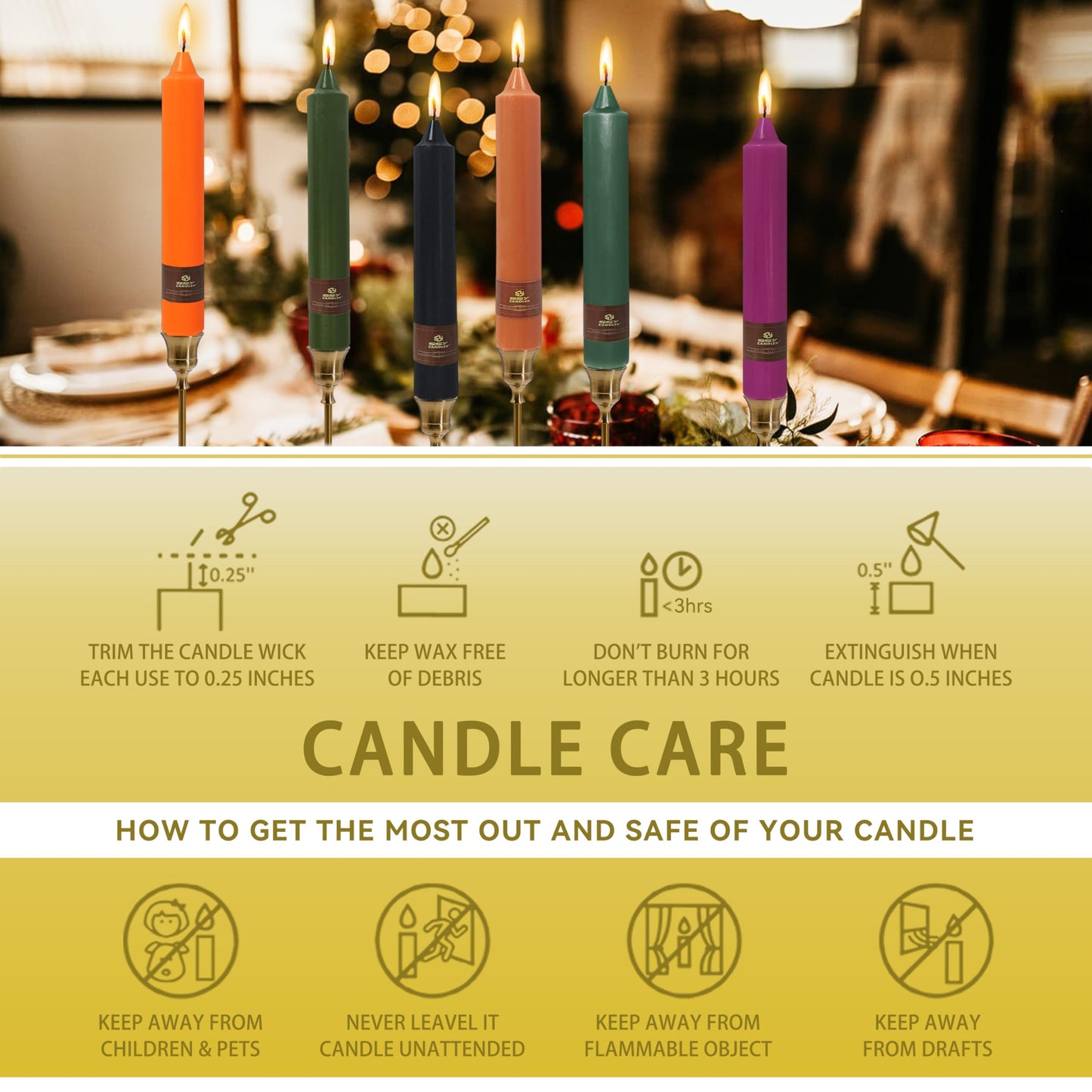 Christmas Metallic Gold Candle 9 Inch Tall Smokeless Taper Candles 4 Pack Unscented Dinner Candle for Christmas Dinner