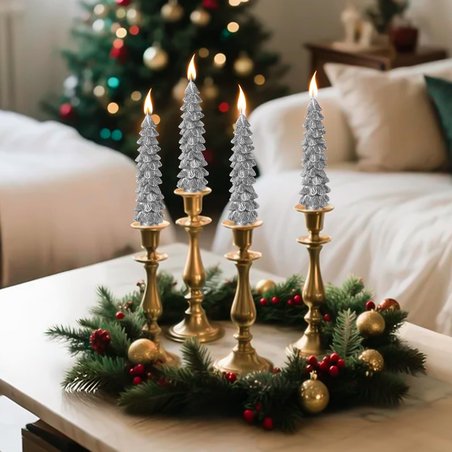 Ceoighe 2 Pack Christmas Tree Candles, 5 Inch Unscented Tree Shaped Taper Beeswax Candles for Christmas Holiday Decor Table Centerpiece Display Party Banquet Gift (Silver)