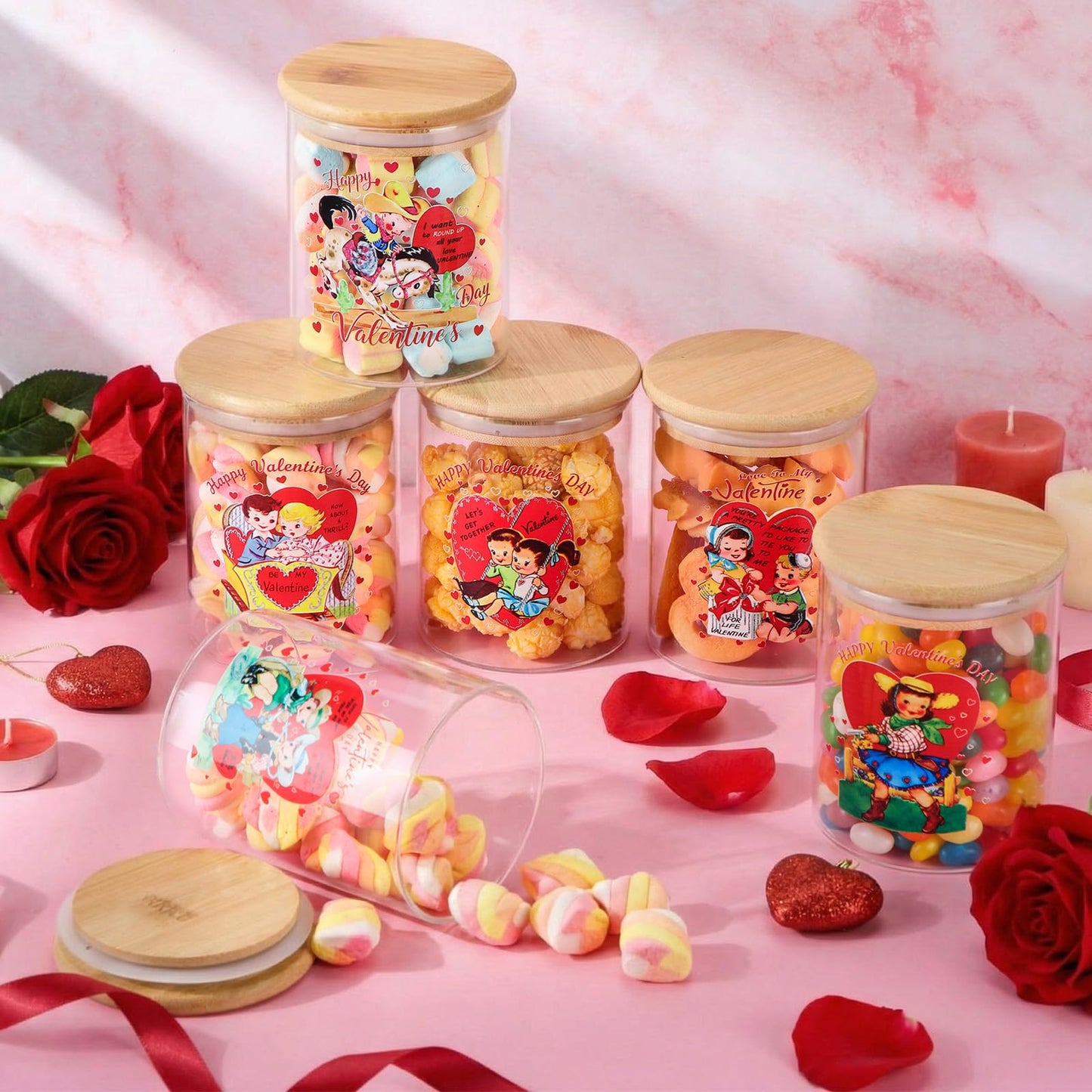 Yungyan 12 Set 17oz Glass Storage Jars with Airtight Lid Retro Vintage Candle Jars Containers Sets for Kitchen Candy Cookie Chocolate Tea, Sugar, Salt, Coffee(Valentine's Day)