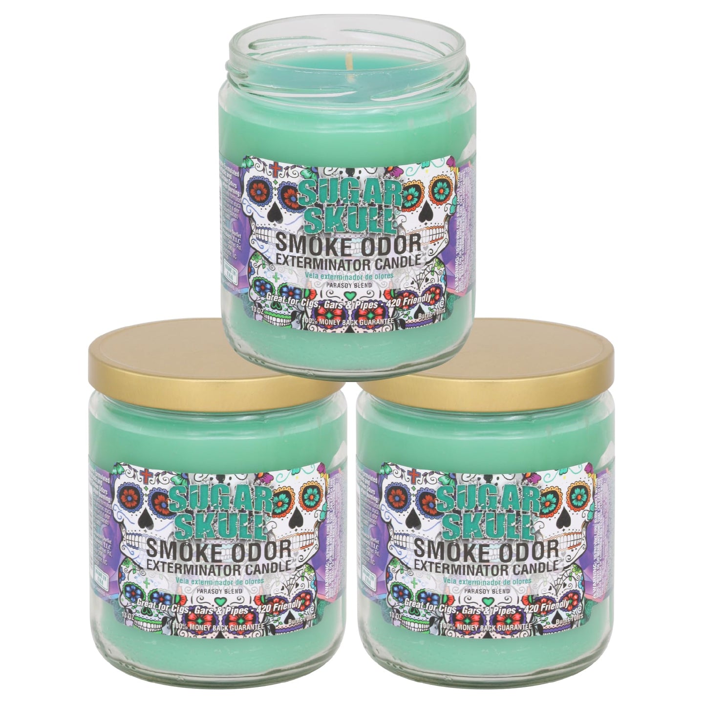 Smoke Odor Exterminator 13 oz Jar Candles (Sugar Skull, 3) Set of Three Candles.