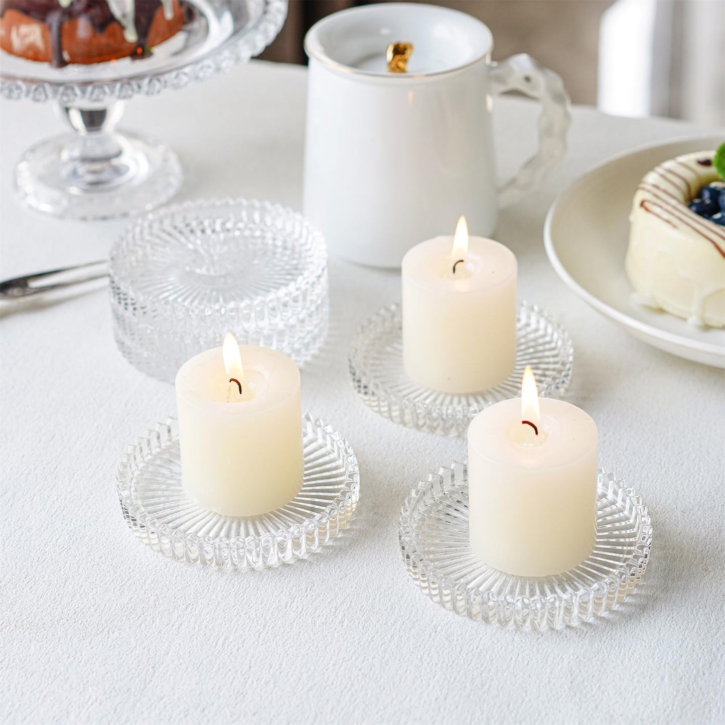 kanpura Clear Glass Pillar Candle Holder Plates Set of 6, 4 Inch Round Glass Candle Tray Plates for Dining Wedding Christmas Party Table Centerpiece