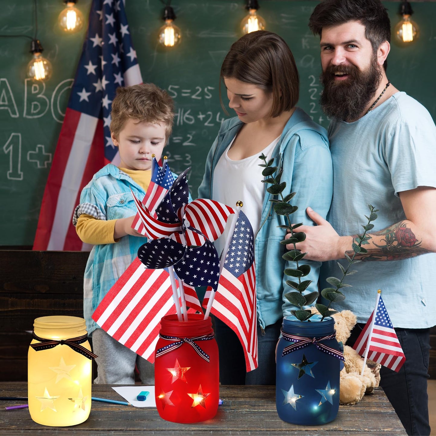 Domensi 4th of July Patriotic Table Decoration Set Rustic Mason Jar Tea Light Candle Holders with String Lights for Independence Day Centerpiece Transparent Mason Jars Labor Day Supplies