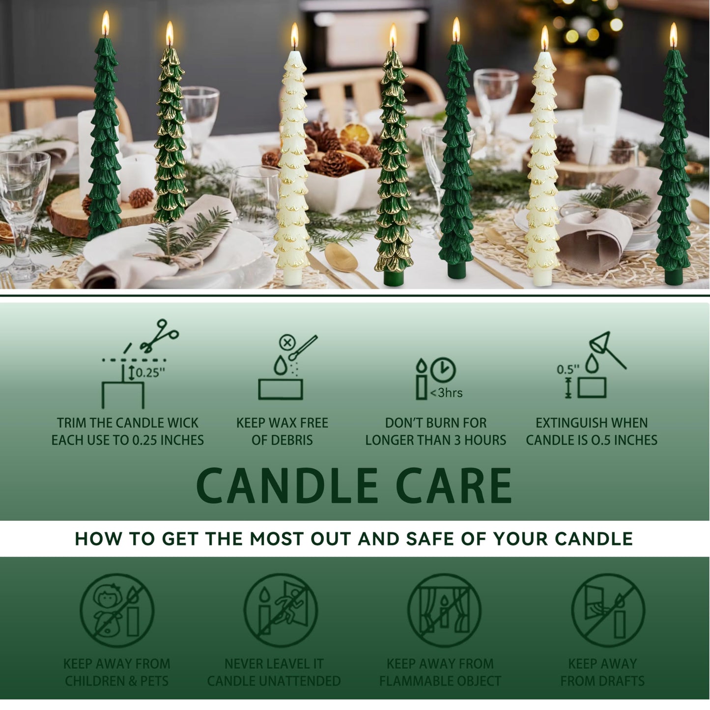 Green Christmas Tree Shaped Taper Candles 10 Inch Xmas Eve Holiday Candle Unscented Candlesticks for Christmas Party Room House Kitchen Decor Wedding Decorations Gift, 2 Pack