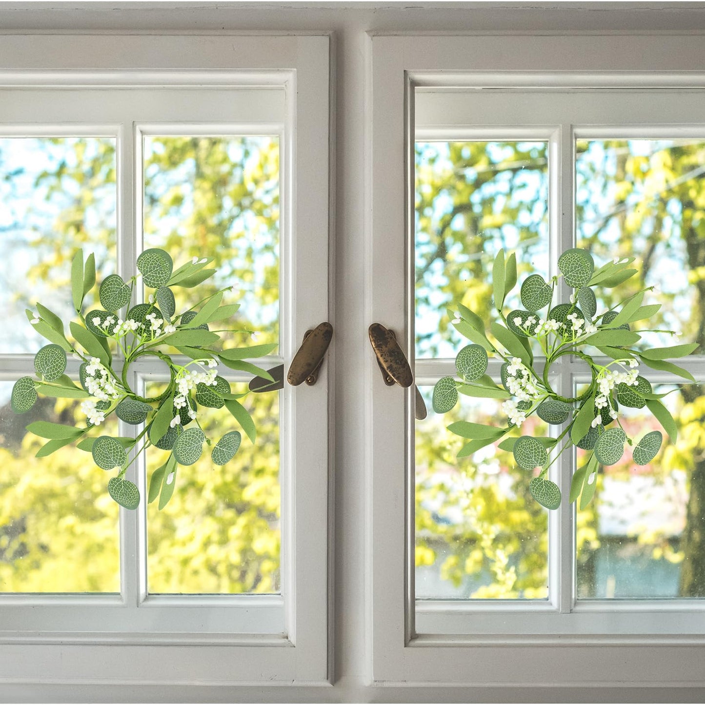 6 PCS Eucalyptus Taper Candle Rings Wreaths 1.38" Mini Spring Summer Floral Taper Candle Holder Wreaths Green Artificial Flower Table Centerpieces Wreath for Church Farmhouse Home Candlesticks Decor