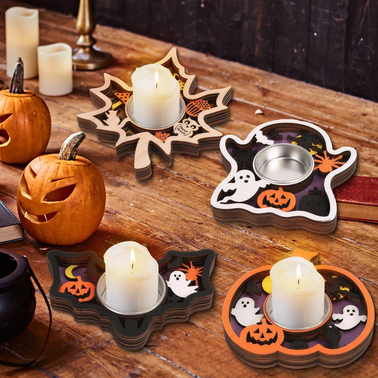 Halloween Tea Light Candle Holders 1PCS Wooden Ghost Tealight Holders with Metal Cups for Halloween Party, Table Centerpiece & Home Décor(White-Ghost)