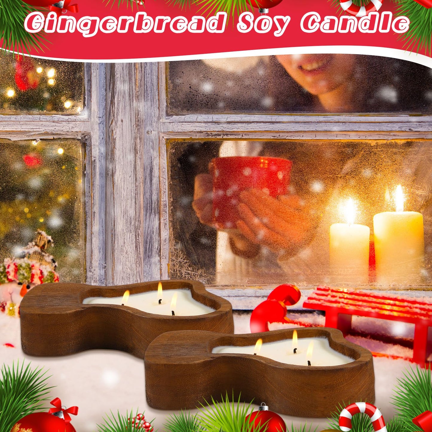 MTLEE 2 Pack Christmas Wood Dough Bowl Candle Socking Wooden Candle Bowl 3 Wick Xmas Farmhouse Decoration with Berries Pine Label for Christmas Table Centerpiece Birthday Gift Home Party Decor