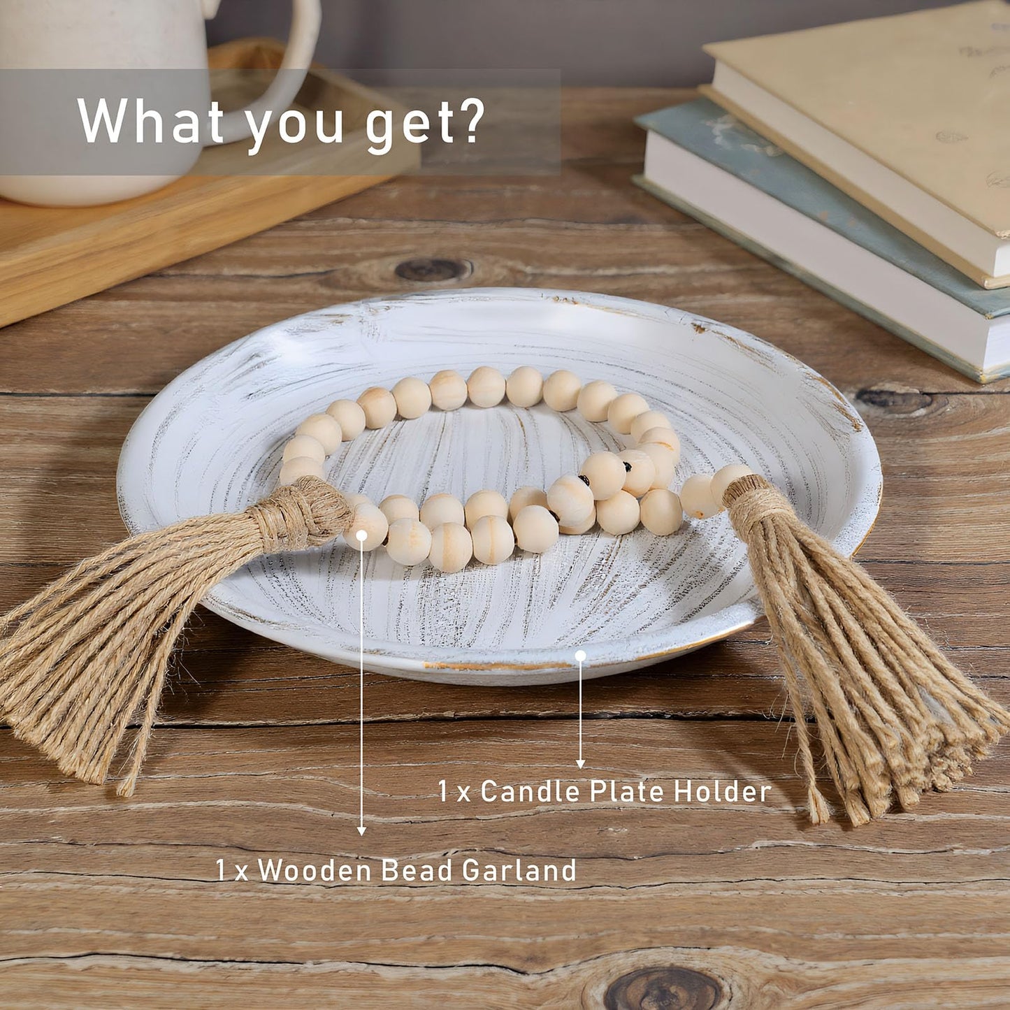mivofo 10-inch Candle Plate Holder Tray & 30-inch Wooden Bead Garland with Tassels, Farmhouse Decorative Tray, Rustic Country Home Decor - White