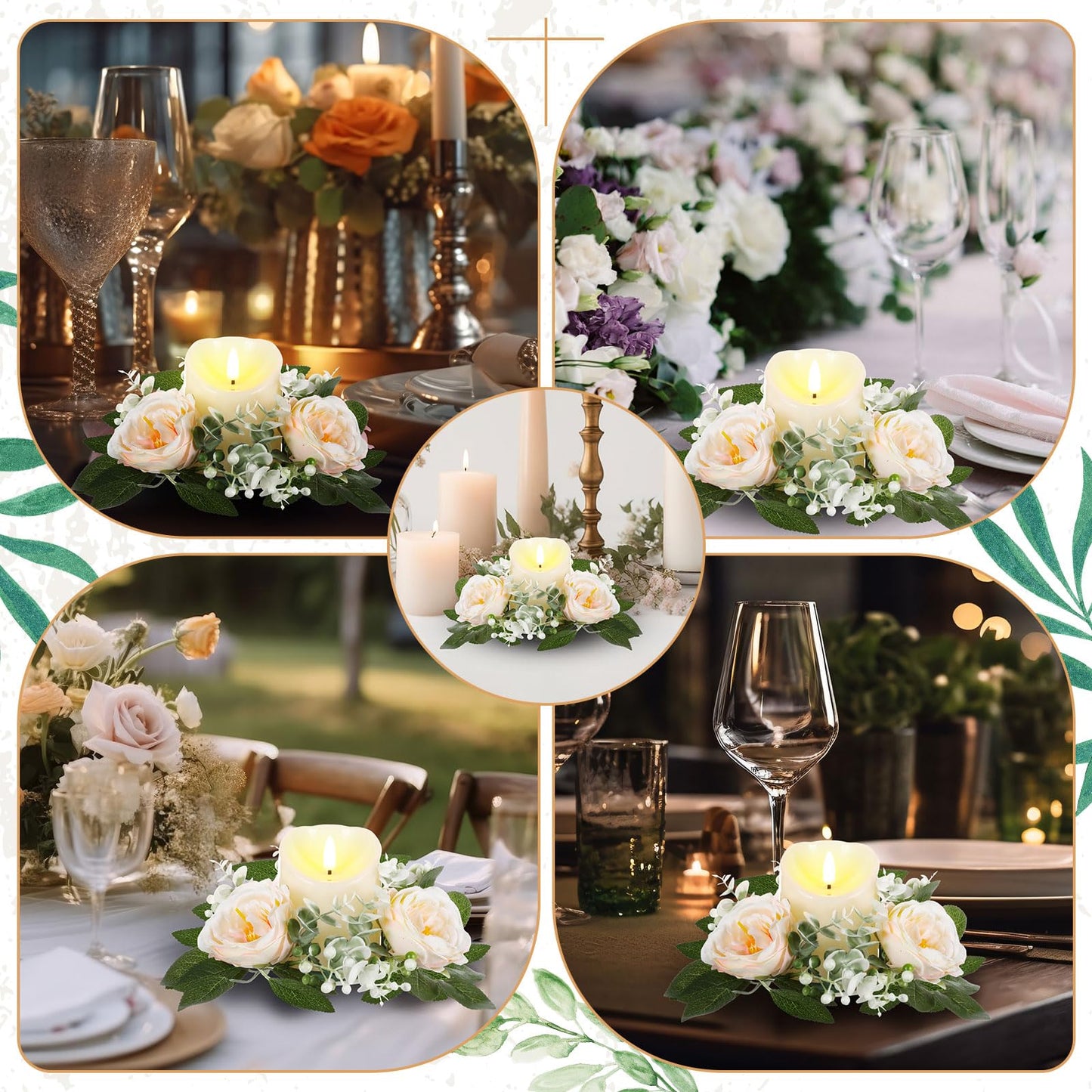 Yunlly 16 Set Rose Candle Rings Wreaths 3 Inch Center with Flameless LED Candles Artificial Rose Light Garland Fake Electric Votive Tealights Bulk Funeral Wedding Table Centerpieces Decor(Champagne)