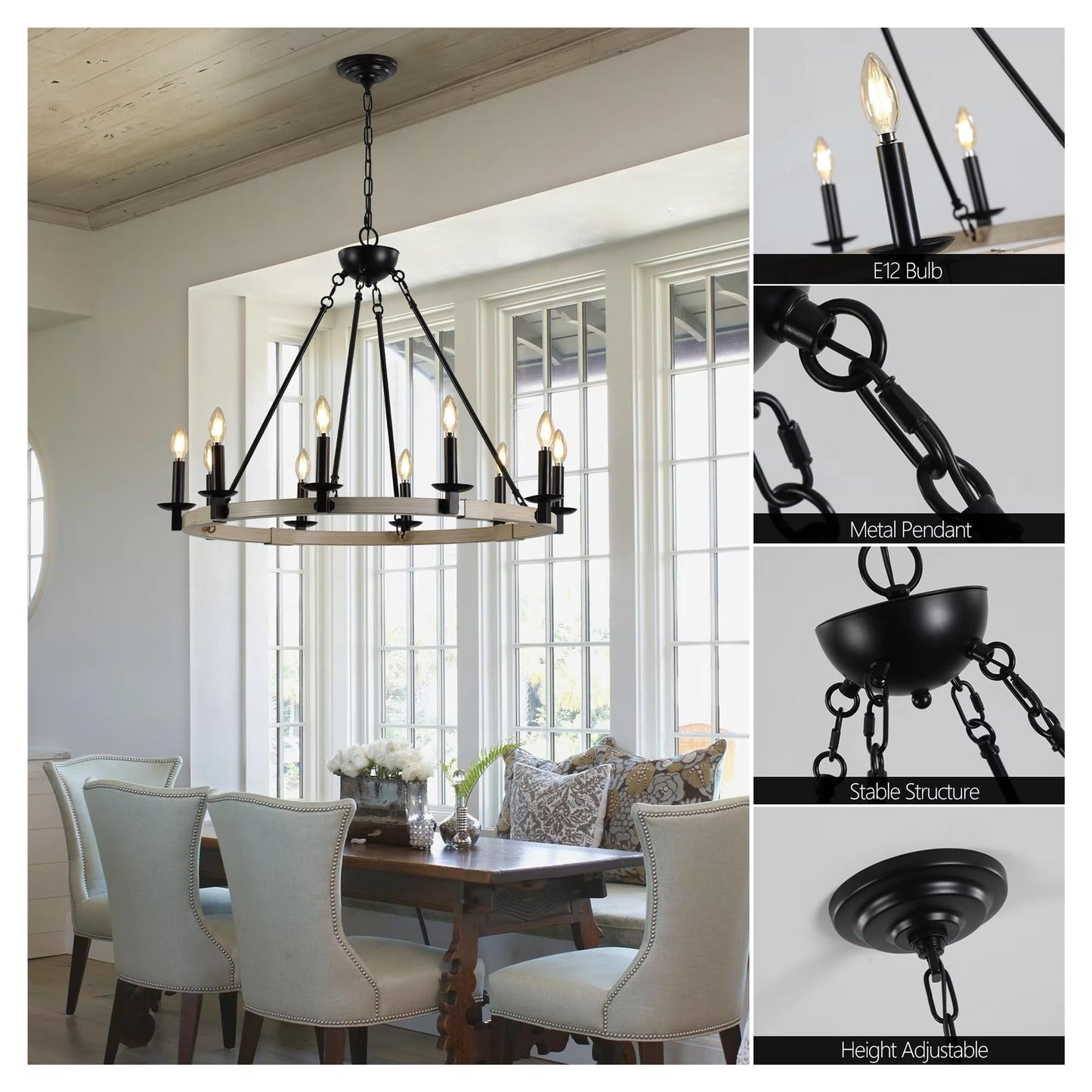 Rustic Farmhouse 10-Light Candle Chandelier, Black Metal and Wood Round Hanging Light Fixture, Adjustable Height,Comfortable Lighting