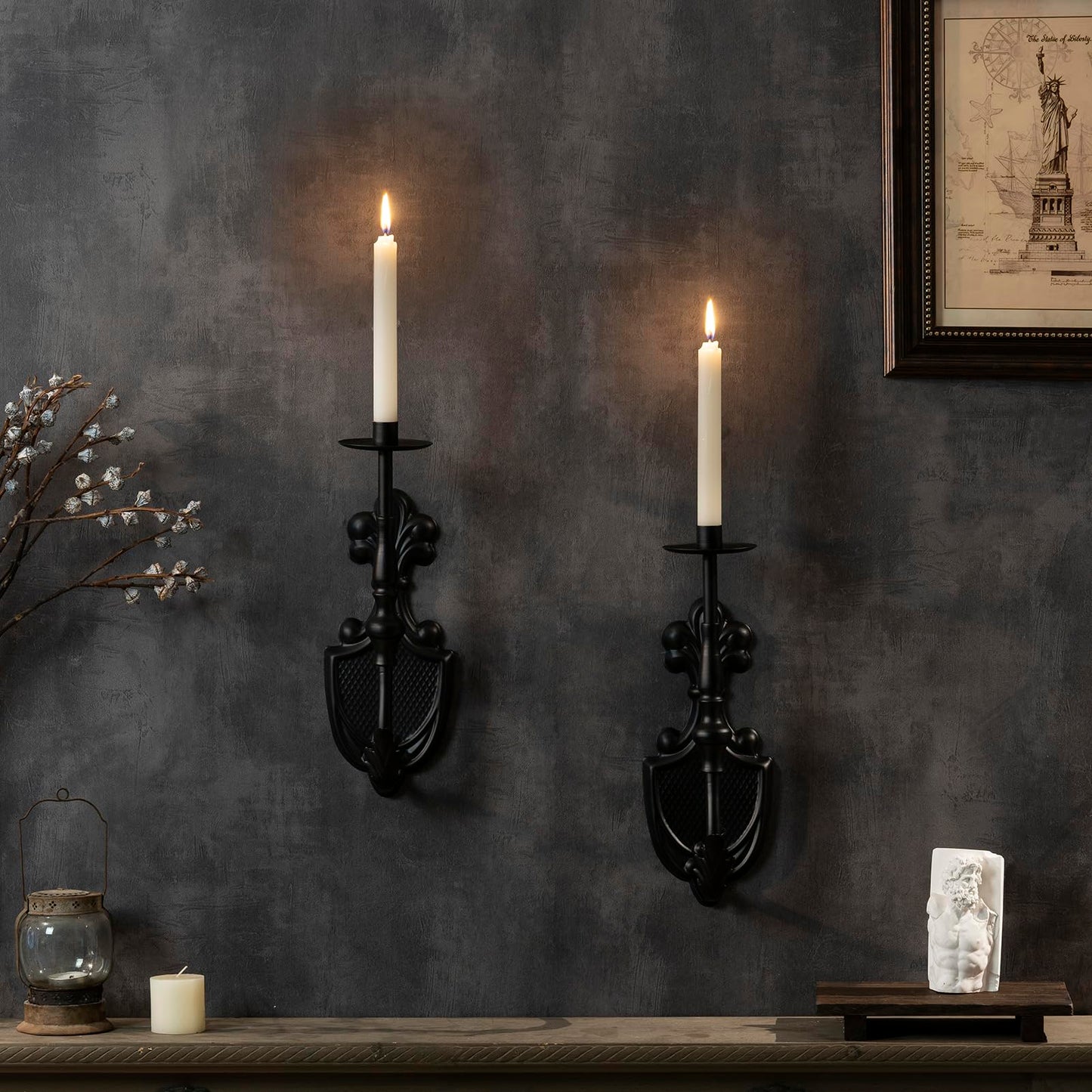 Woparty Gothic Wall Sconce Candle Holder for Taper Candles (Set of 2) Black Victorian Wall Decor for Living Room, Bathroom,Dining Room - 14.1 x 4.7 inch