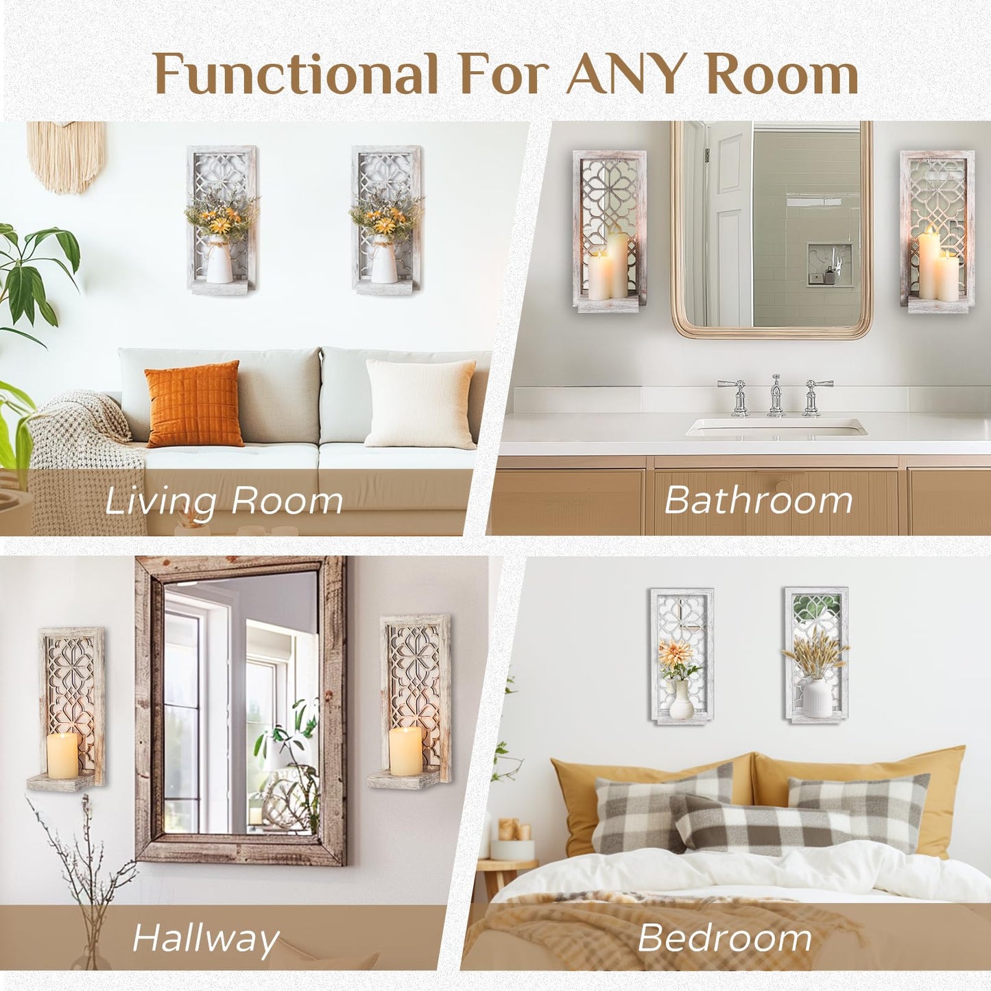 Walasis Wood Small Wall Shelves for Candle - Decorative Farmhouse Floating Shelf Candle Sconces for Wall Decor - Rustic Carved Floating Shelf Wooden Shelving for Bathroom Bedroom