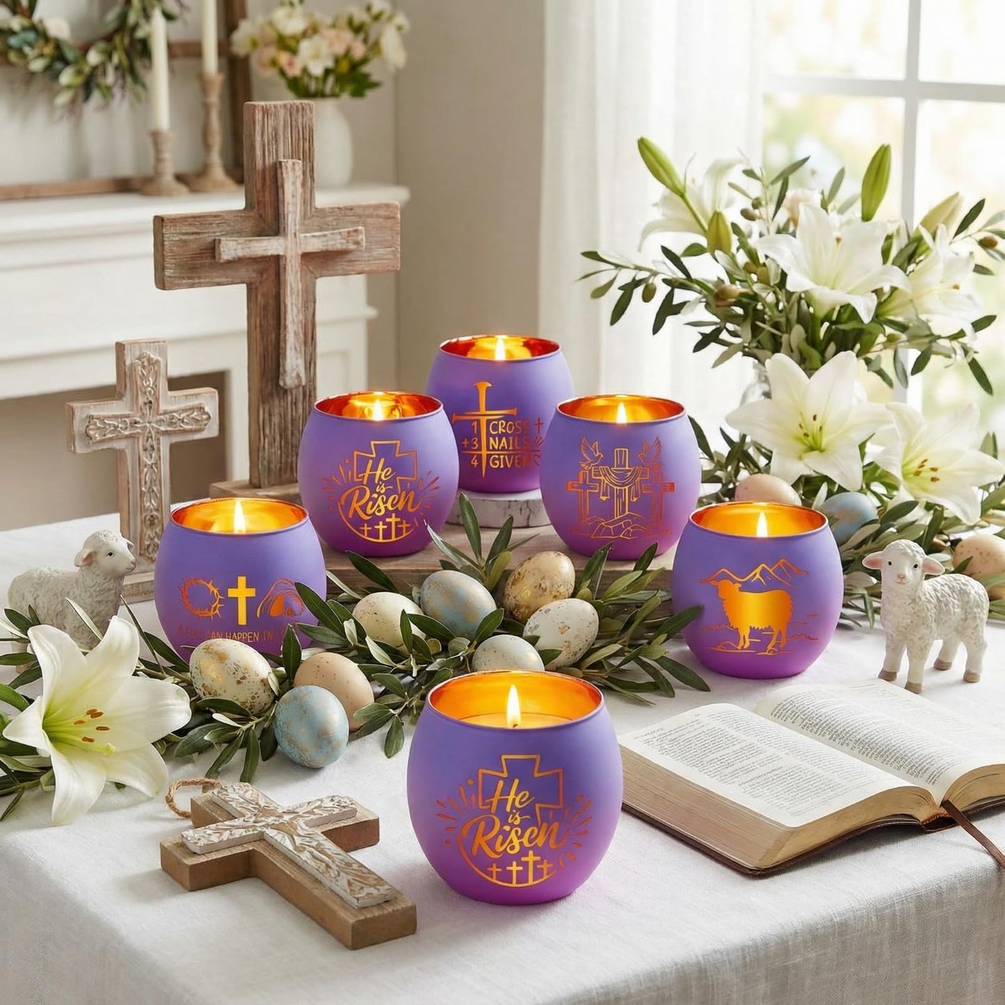 FoldTier 6 Pcs Easter Candle Holders He is Risen Tealight Votive Candle Holder for Table Centerpiece Christian Religious Glass Tealight Votive Easter Tabletop Decor for Home Altar Decoration