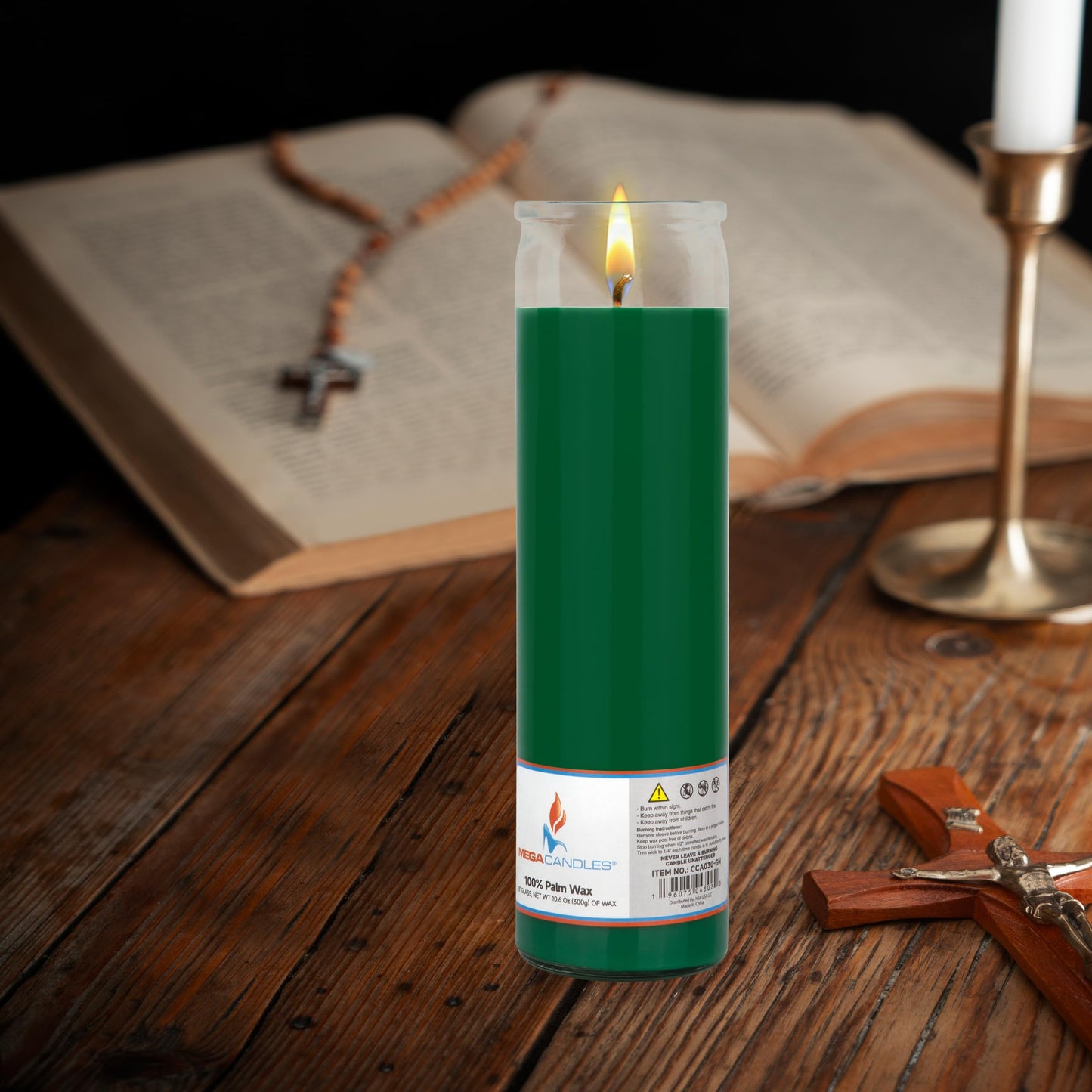 Mega Candles 1 pc Unscented Green Glass Container Devotional Prayer Candles, Shortening Wax Candle 2 Inch x 8 Inch, Sanctuary, Vigils, Prayers, Spiritual, Blessings, Religious, Altar, Remembrance