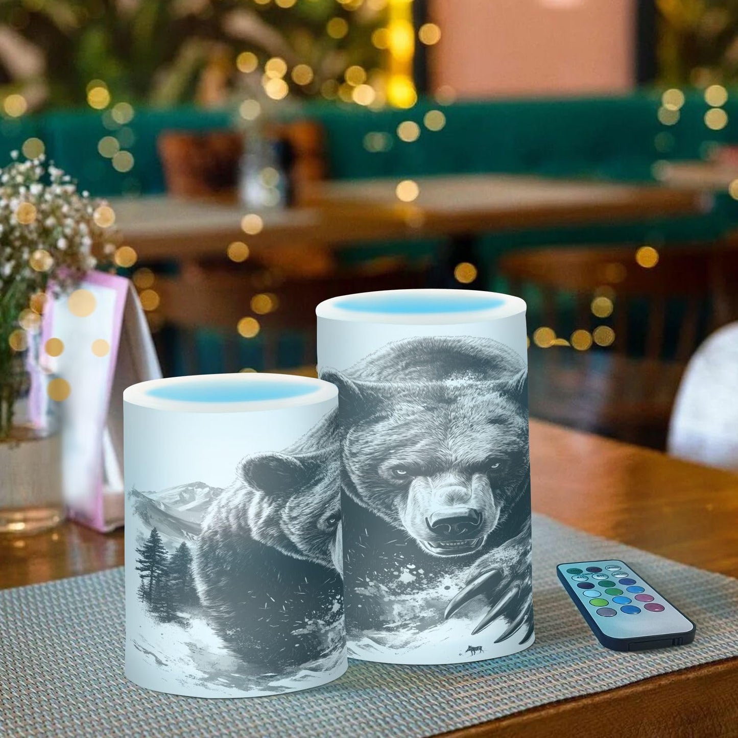 ALAZA Bear Black White Flickering Flameless Candles Pillar Led Candles Battery Operated Candles with Remote and Timers Set of 2